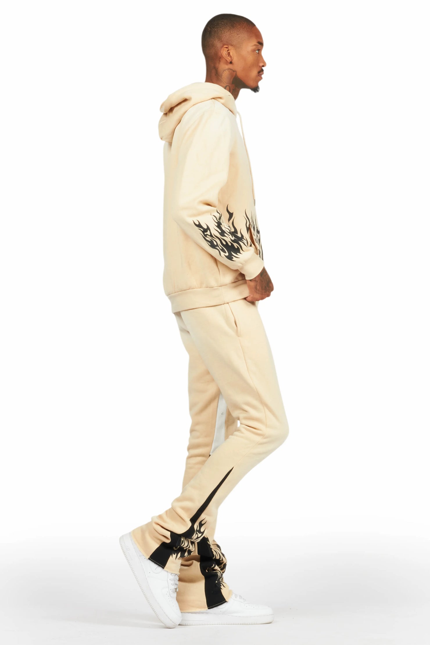 Bubble Beige Stacked Flare Hoodie Track Set