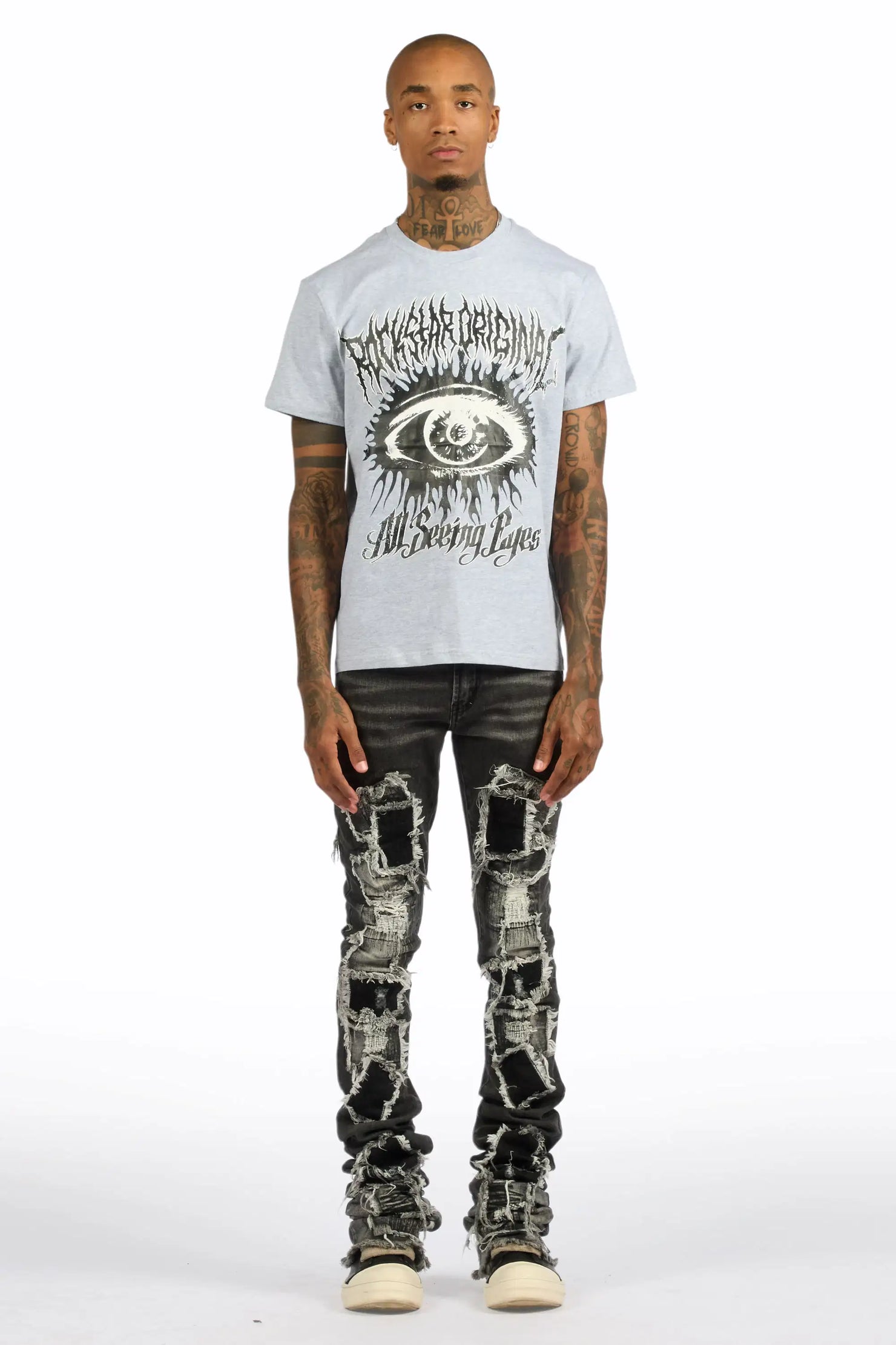 All Seeing Eyes Heather Grey T-Shirt/Super Stacked Flare Jean Bundle
