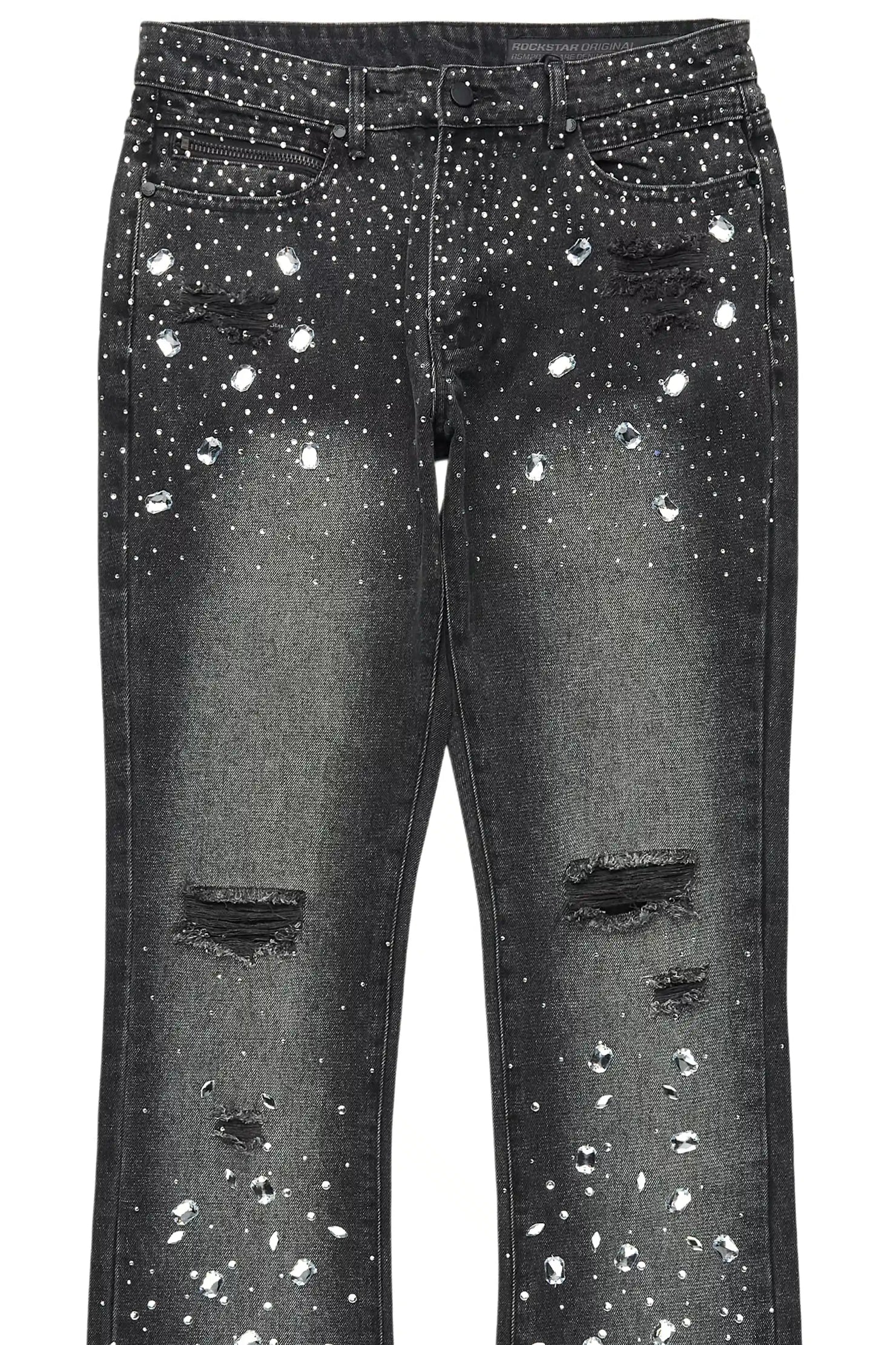 Glanz Dark Grey Rhinestone Stacked Flare Jean