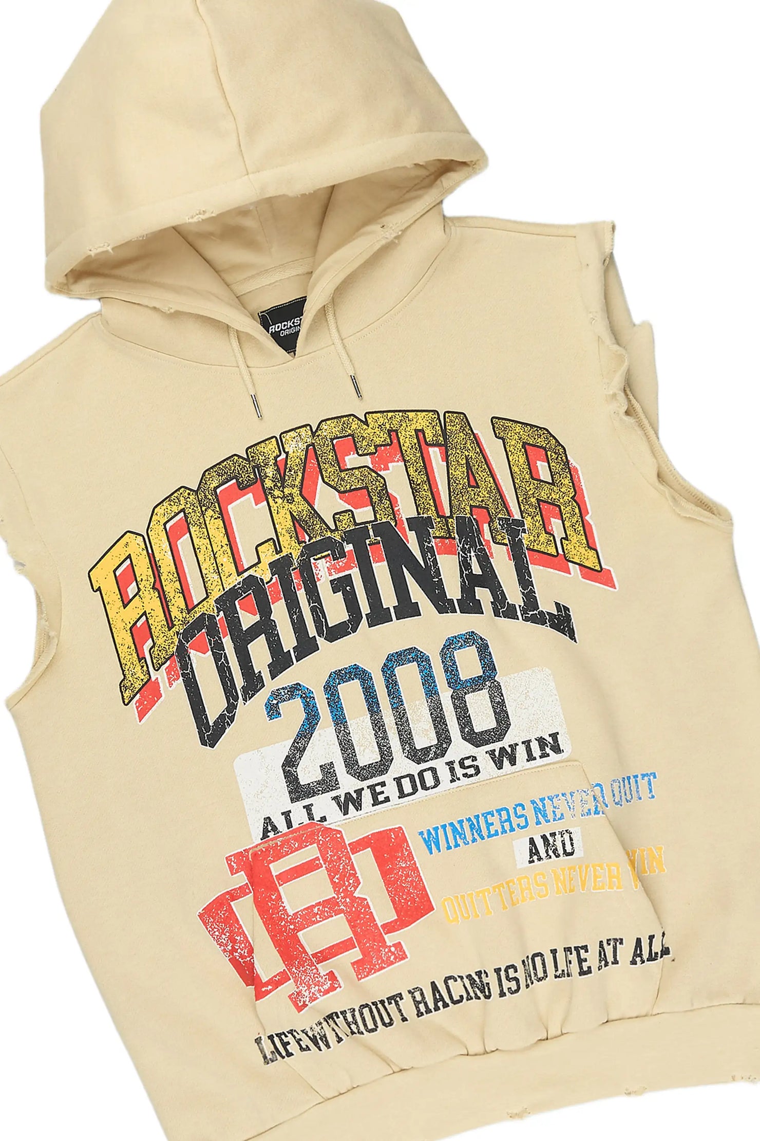 Colorful Race Beige Cut Sleeve Hoodie Stacked Track Set