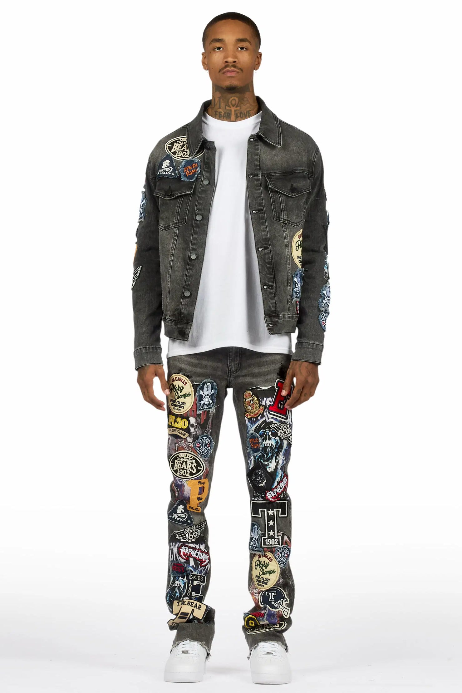 Espan Dark Grey Denim Jacket/Stacked Flare Jean Set