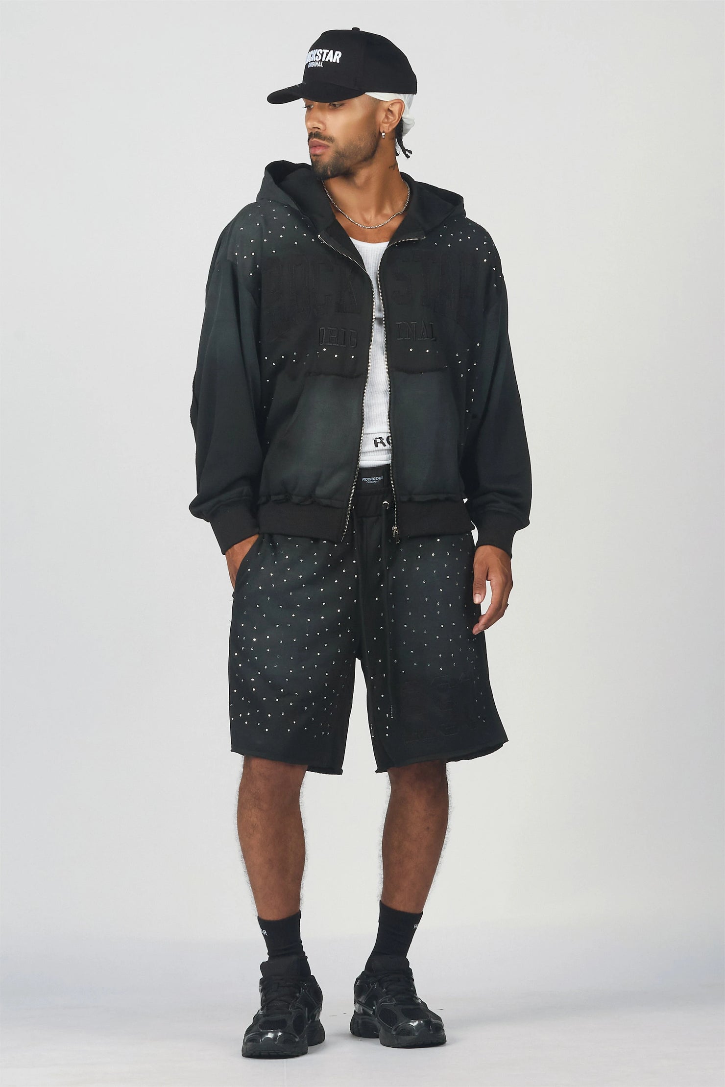 Akila Black Rhinestone Hoodie Double Waisted Short Set