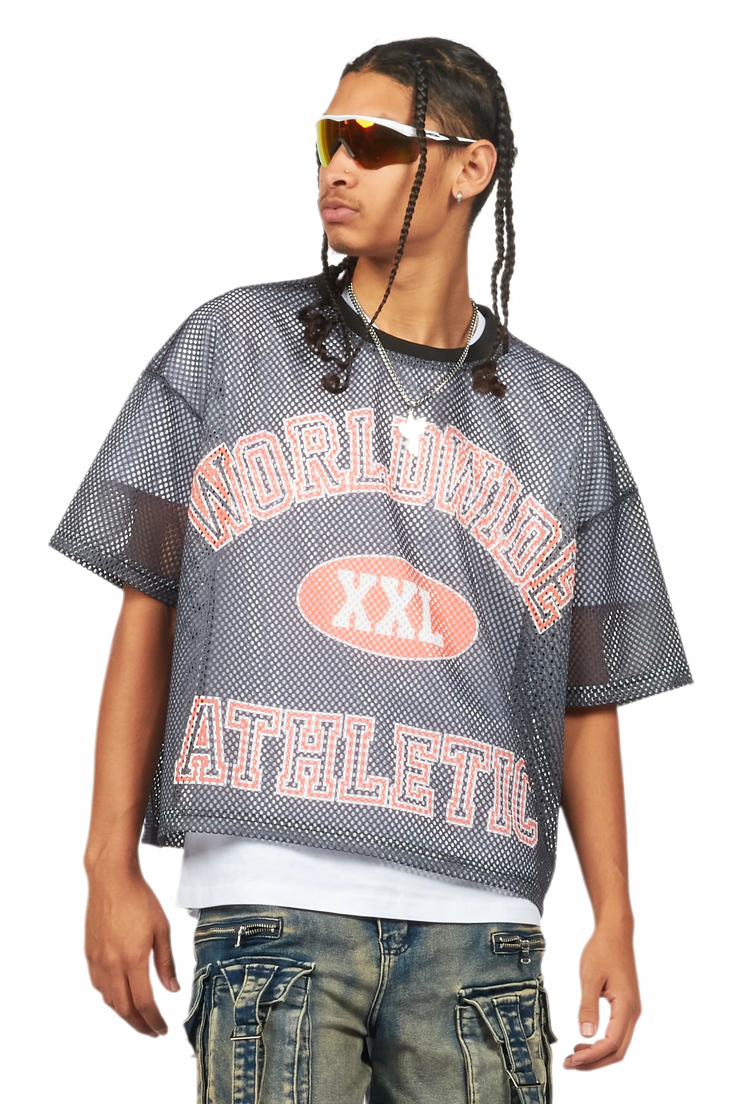 Sabas Black Graphic Crop Top Mesh Jersey