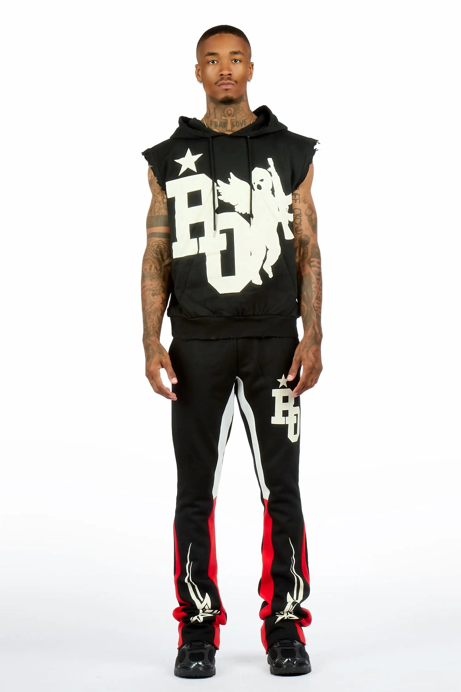Pluton Black/Red Cut Sleeve Hoodie/Stacked Flare Track Set