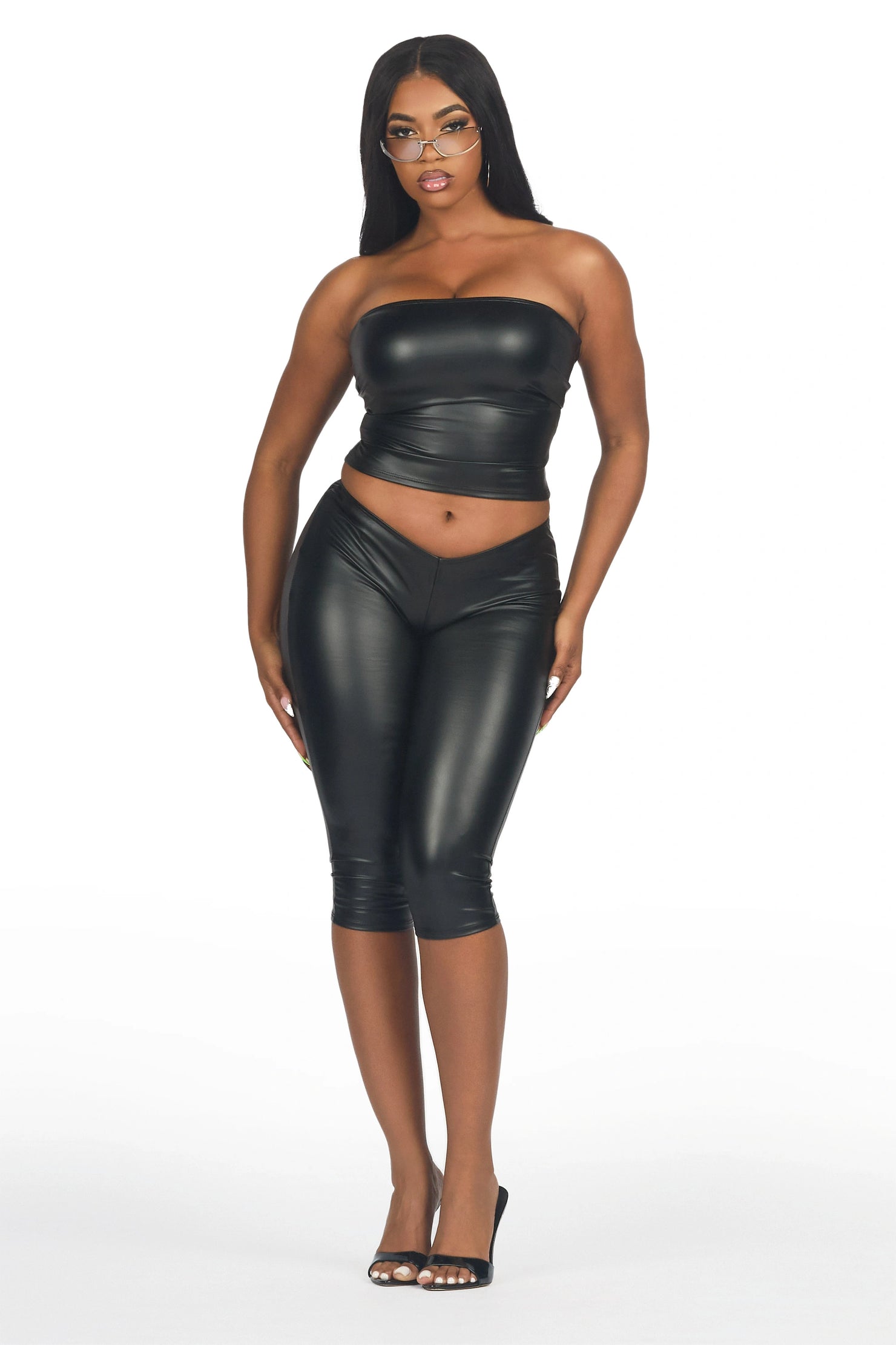 Deep V Pleather Black Capri Set