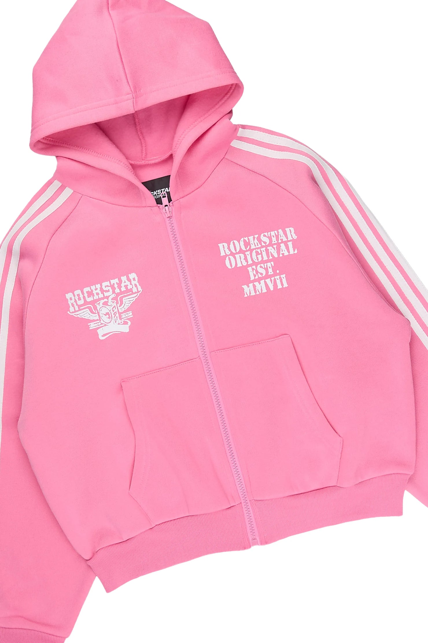 Girls Maniera Pink/White Zip Up Hoodie Relaxed Pant Track Set