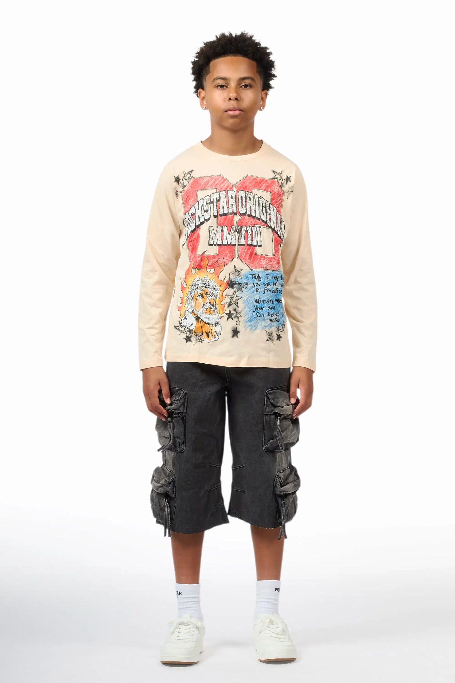 Boys Jesus Crayon Sand/Black Long Sleeve T-Shirt/Denim Jort Set