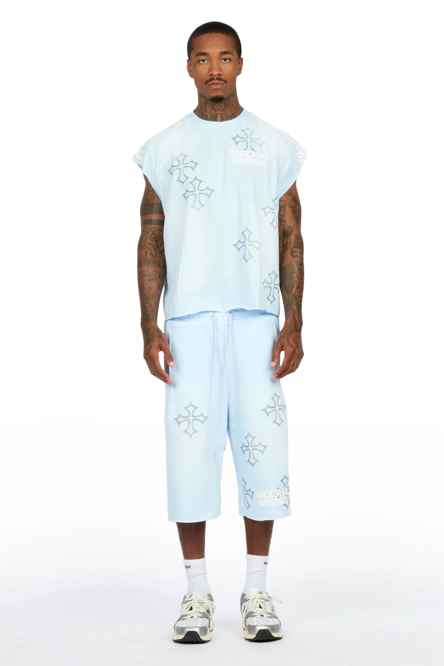 Osso Sky Blue Cut Sleeve T-Shirt Double Waisted Jort Set