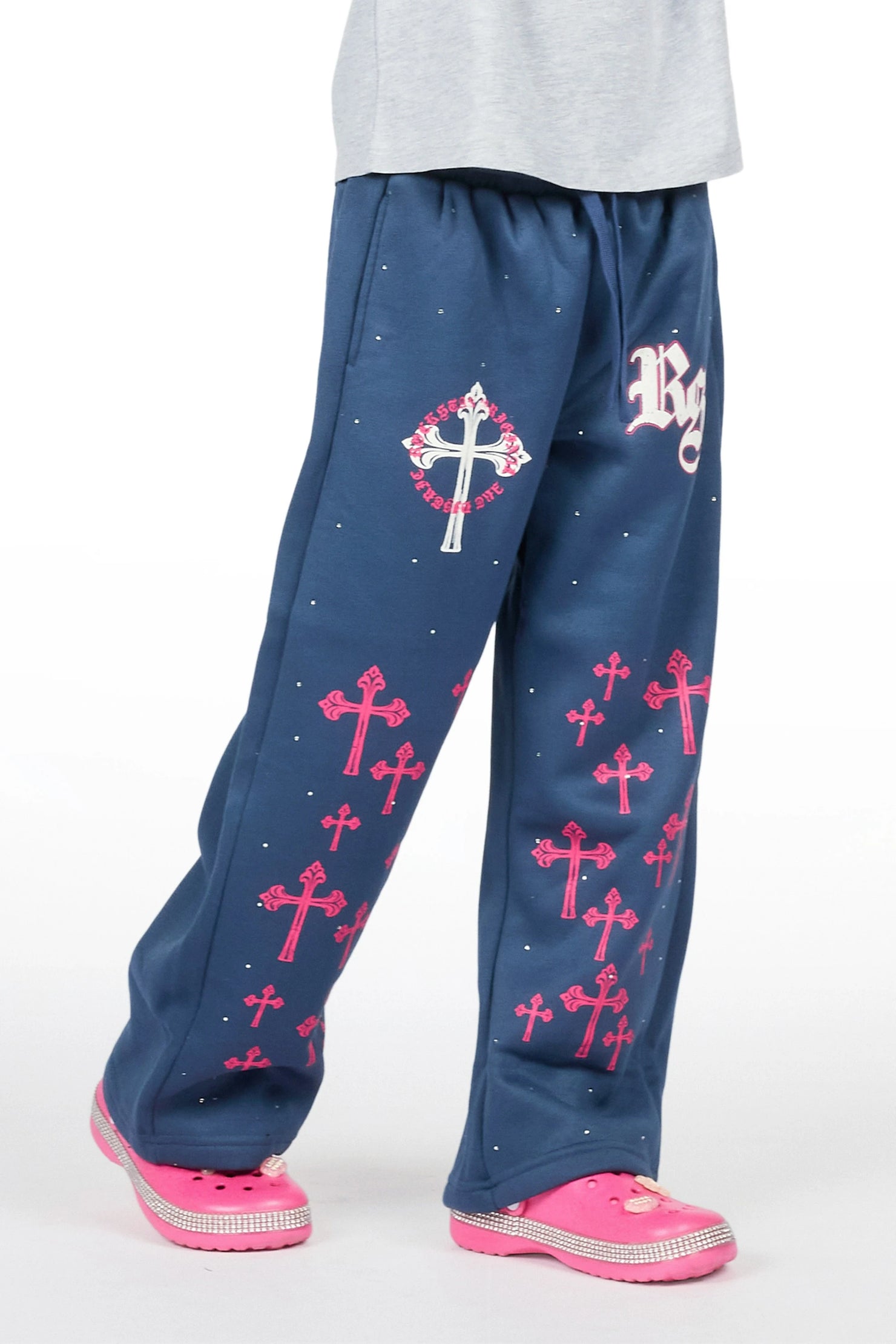 Girls Tonnea Navy Rhinestone Super Baggy Track Pant