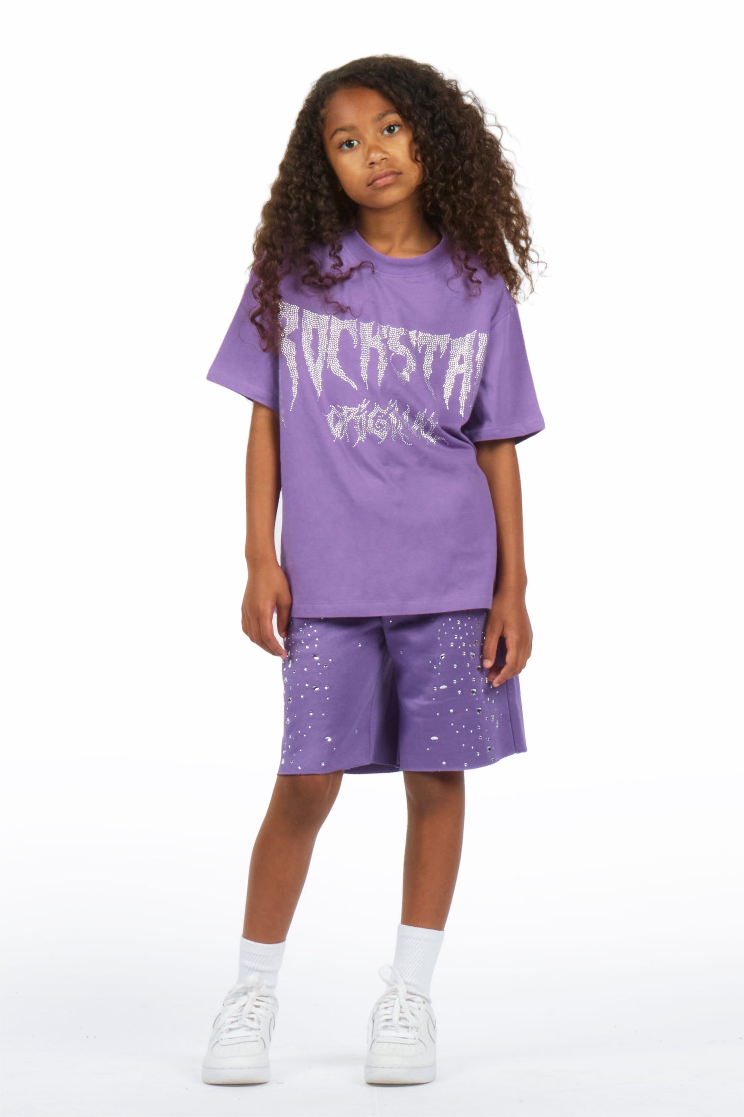 Girls Porsha Purple Rhinestone Short Set