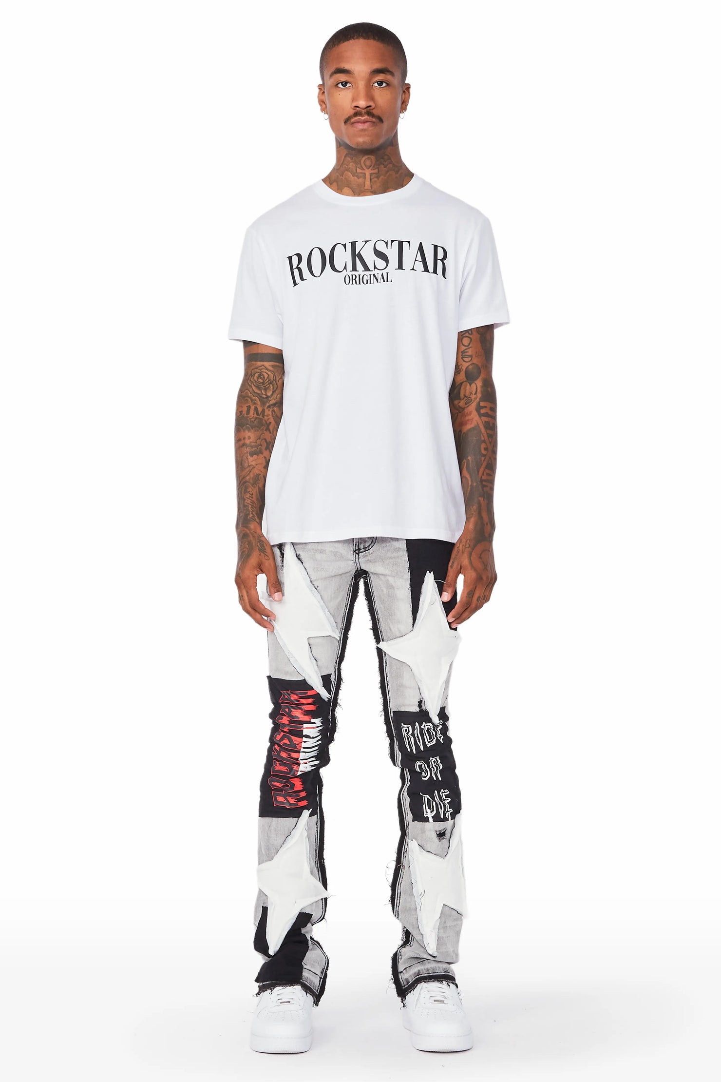 Rhys Light Grey Patchwork Stacked Flare Jean