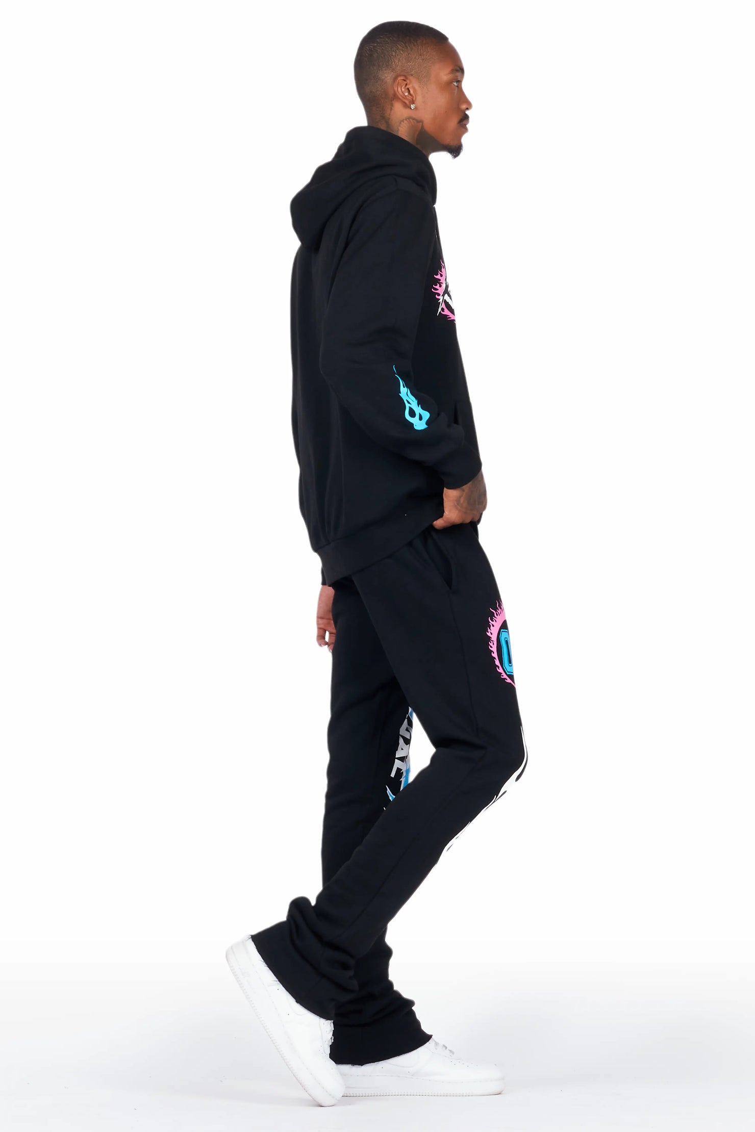 Draven Black Hoodie/Stacked Flare Track Pant Set