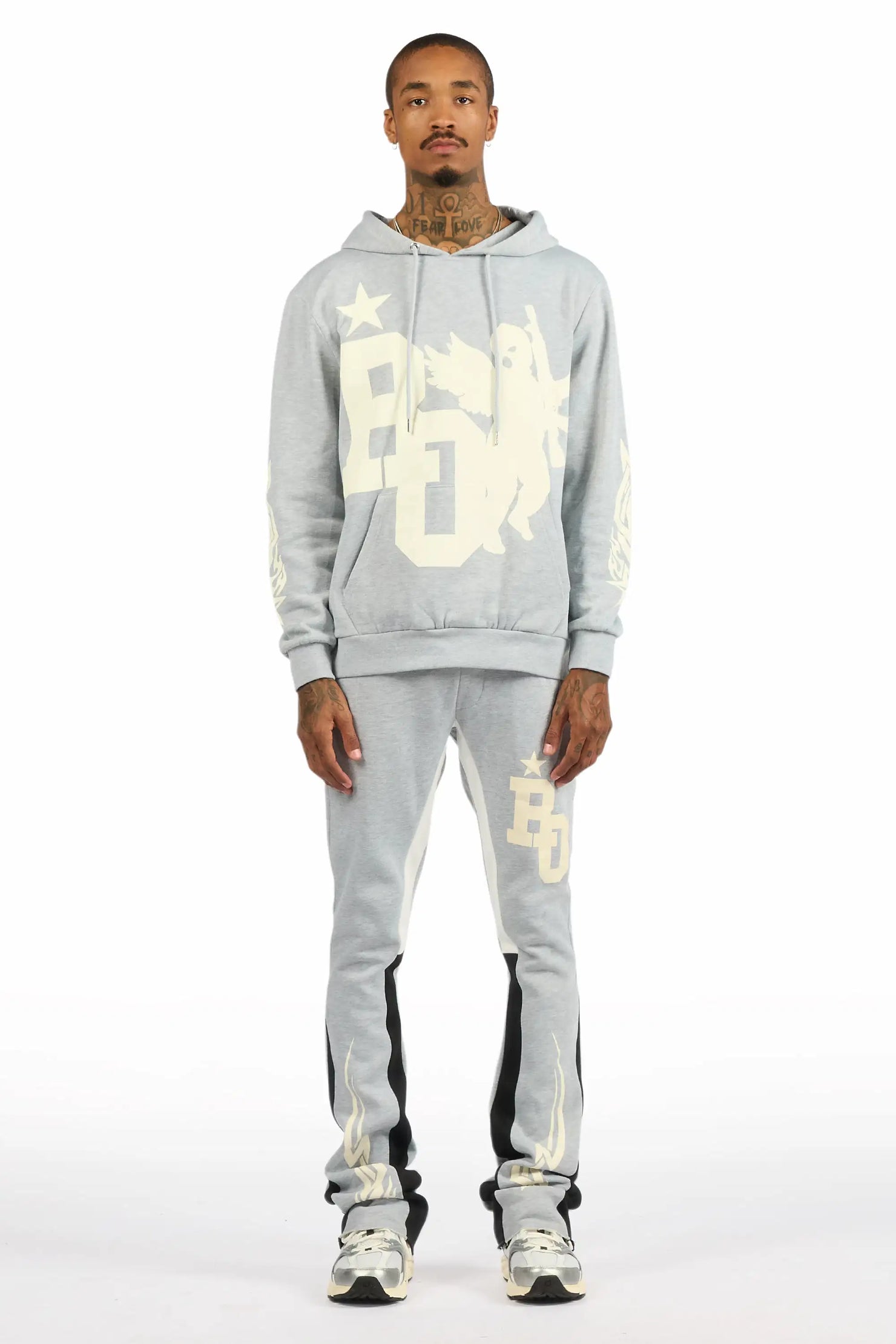 Pluton Heather Grey/Cream Hoodie/Stacked Flare Track Set