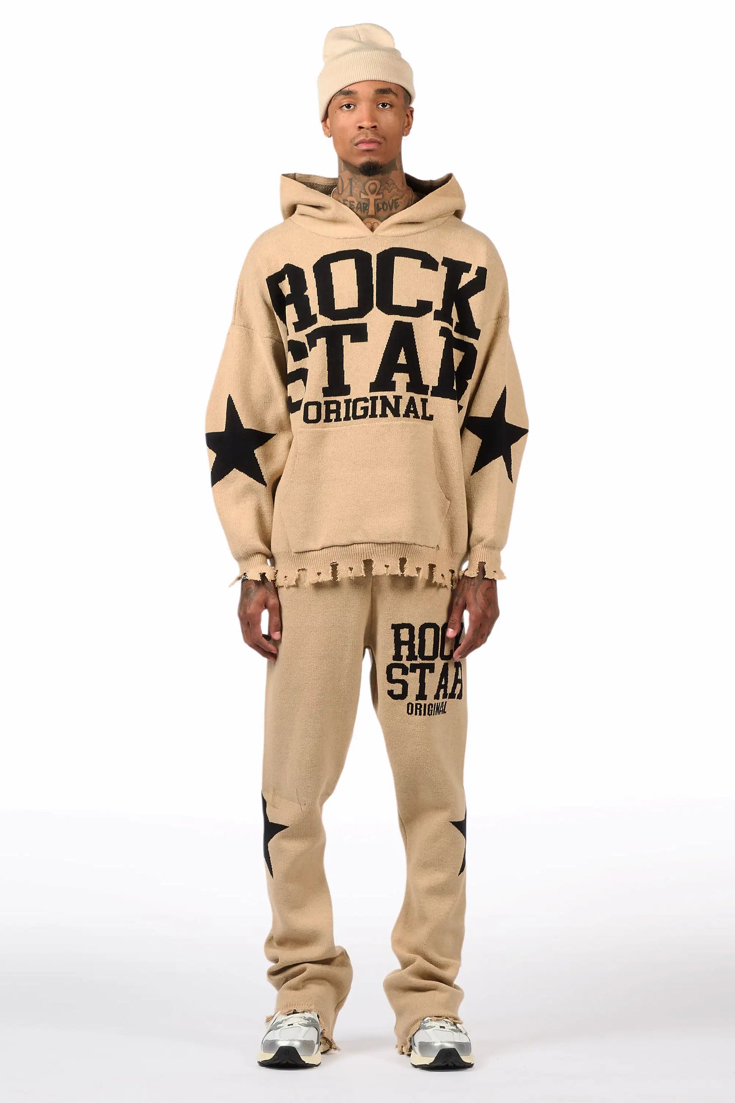 Outlaw Beige Hoodie Stacked Flare Knitted Set