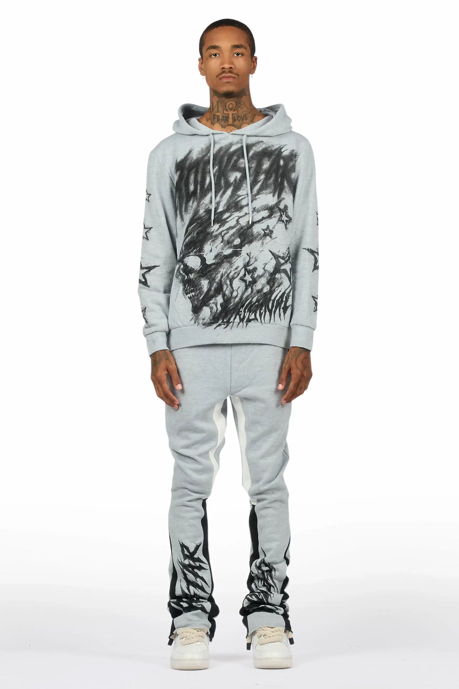 Nelz Heather Grey/Black Hoodie/Stacked Track Pant Set
