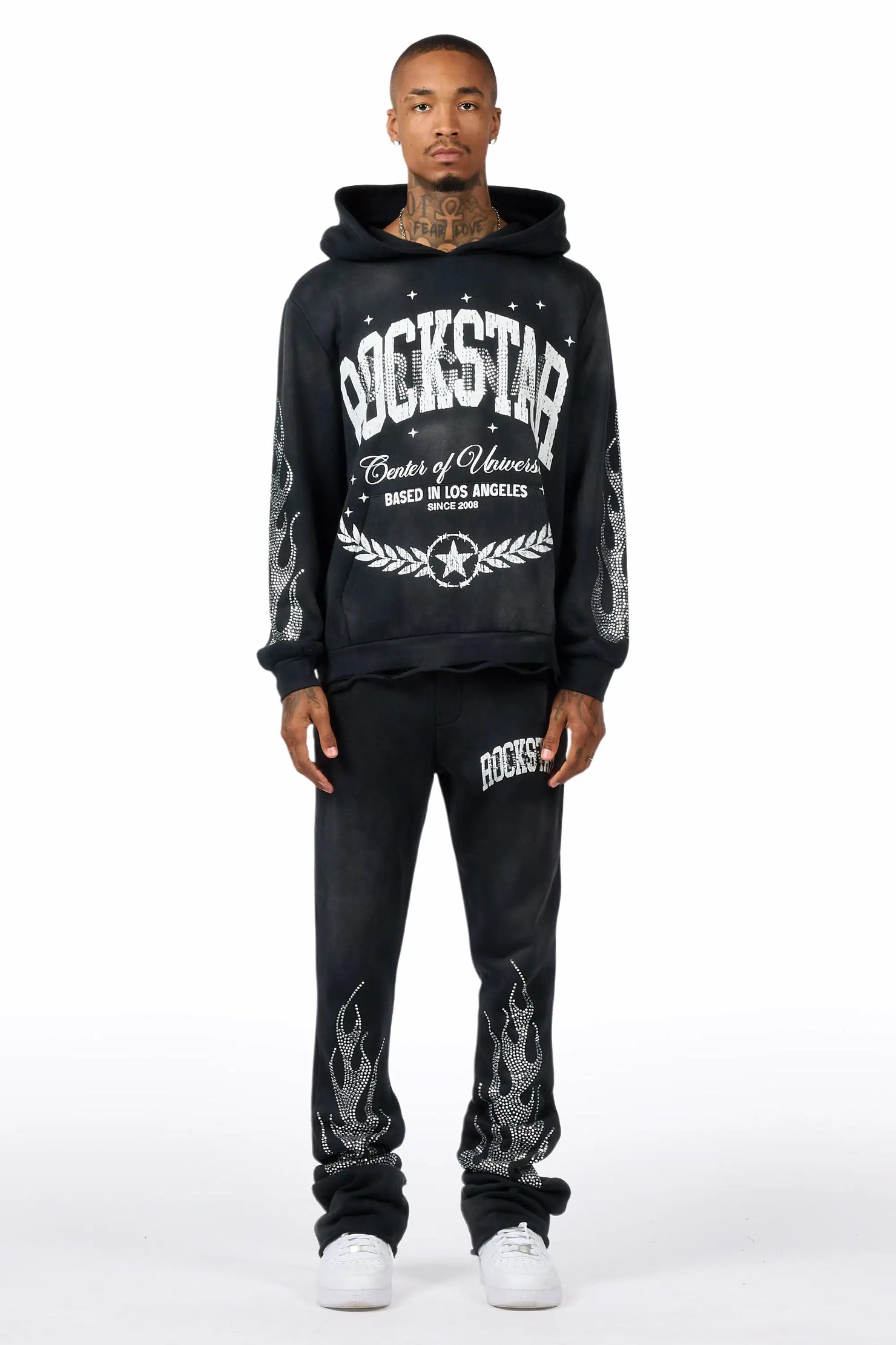 Strass Black Rhinestone Hoodie/Stacked Pant Track Set