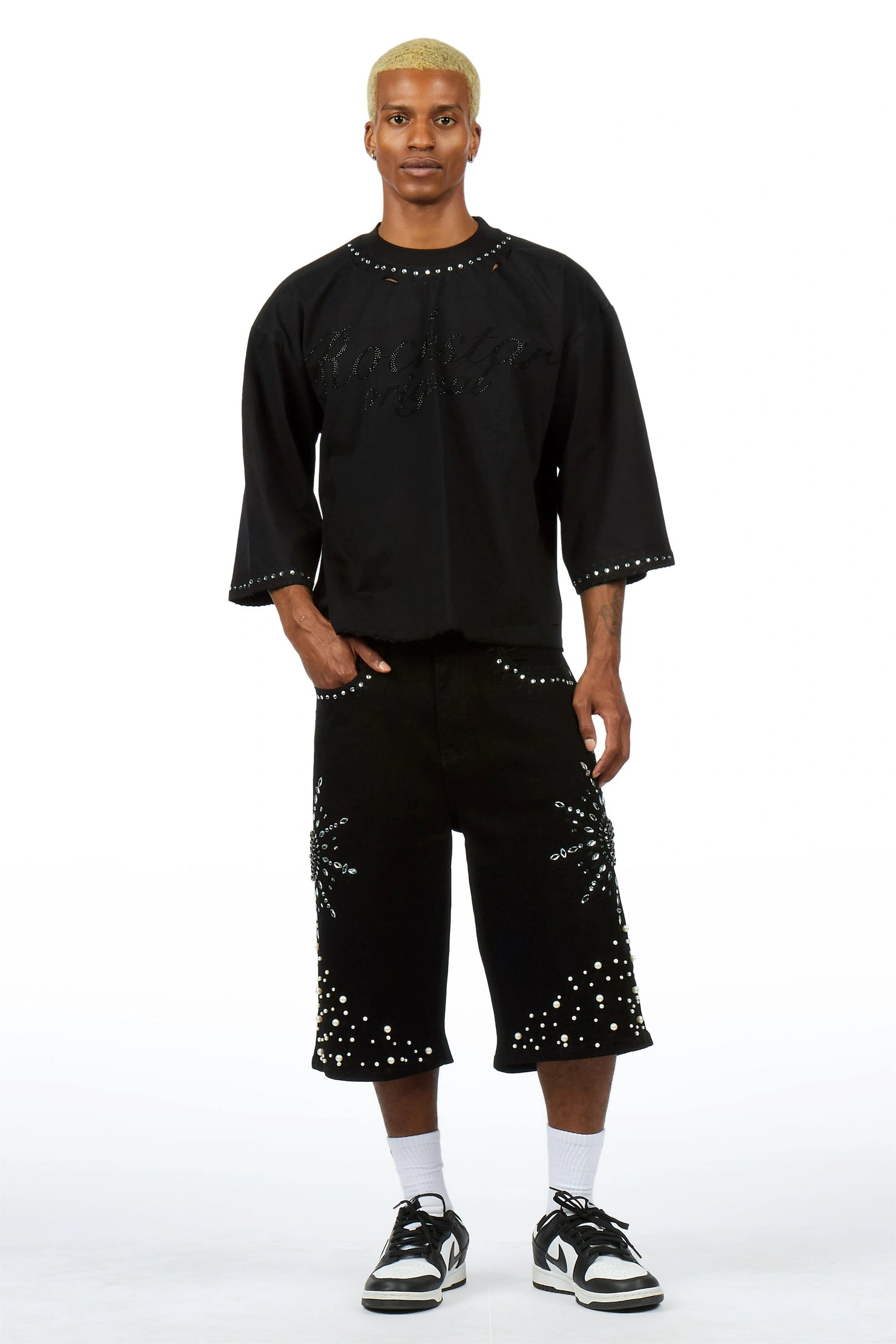 Tryst Black Rhinestone T-Shirt Denim Short Set
