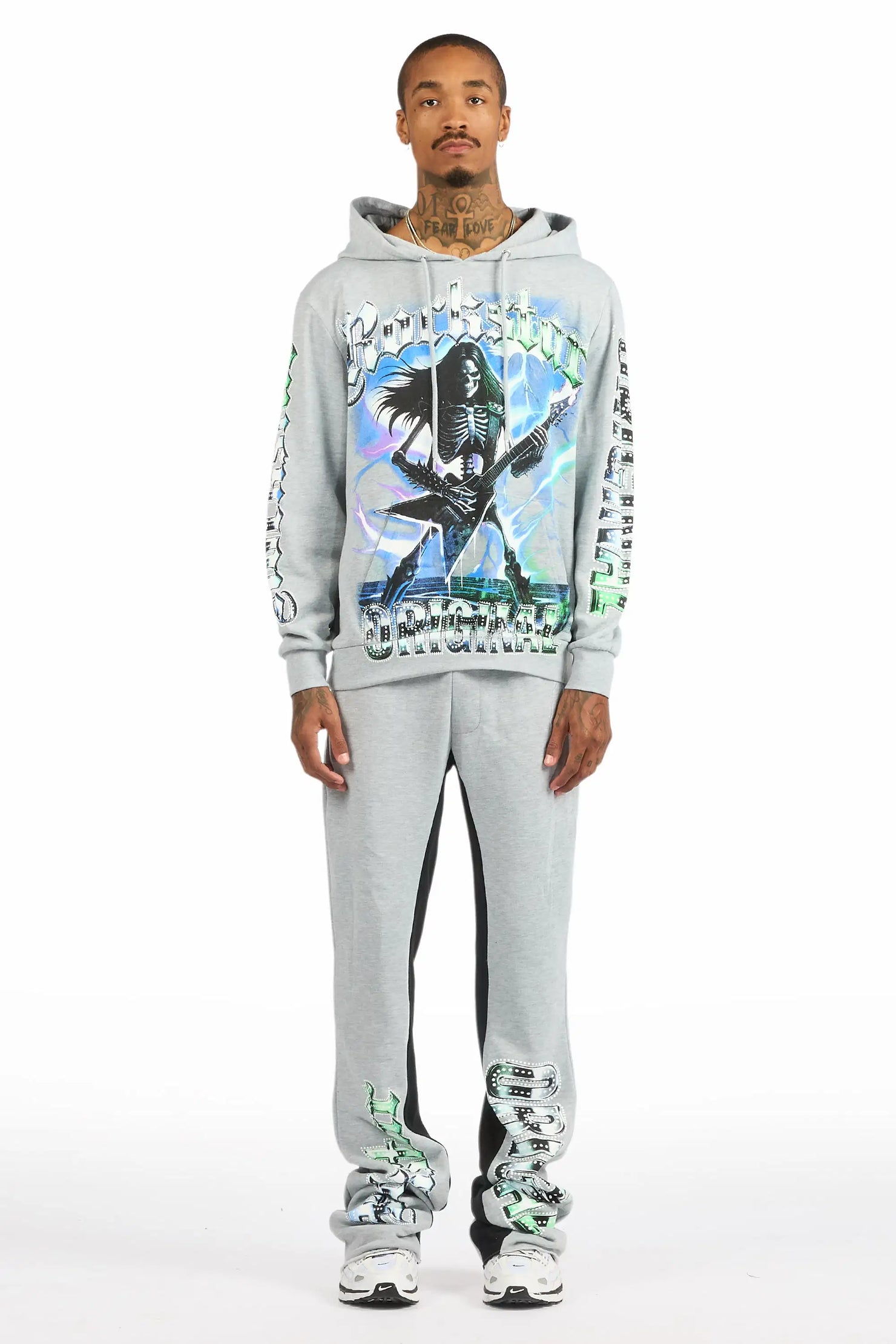 Wekken Heather Grey/Blue Hoodie/Baggy Stacked Track Pant Set
