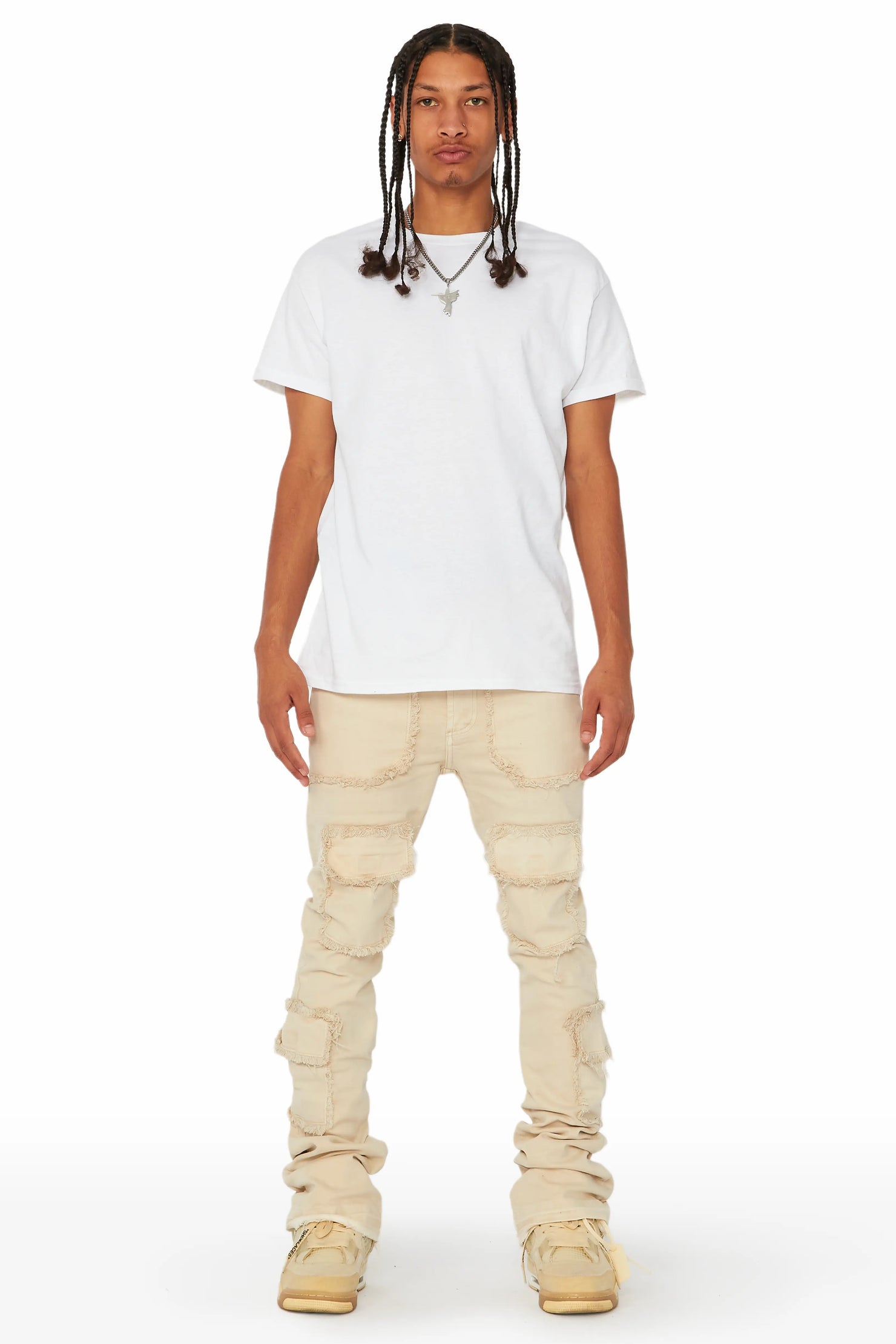 Tyrell Beige Stacked Flare Cargo Jean