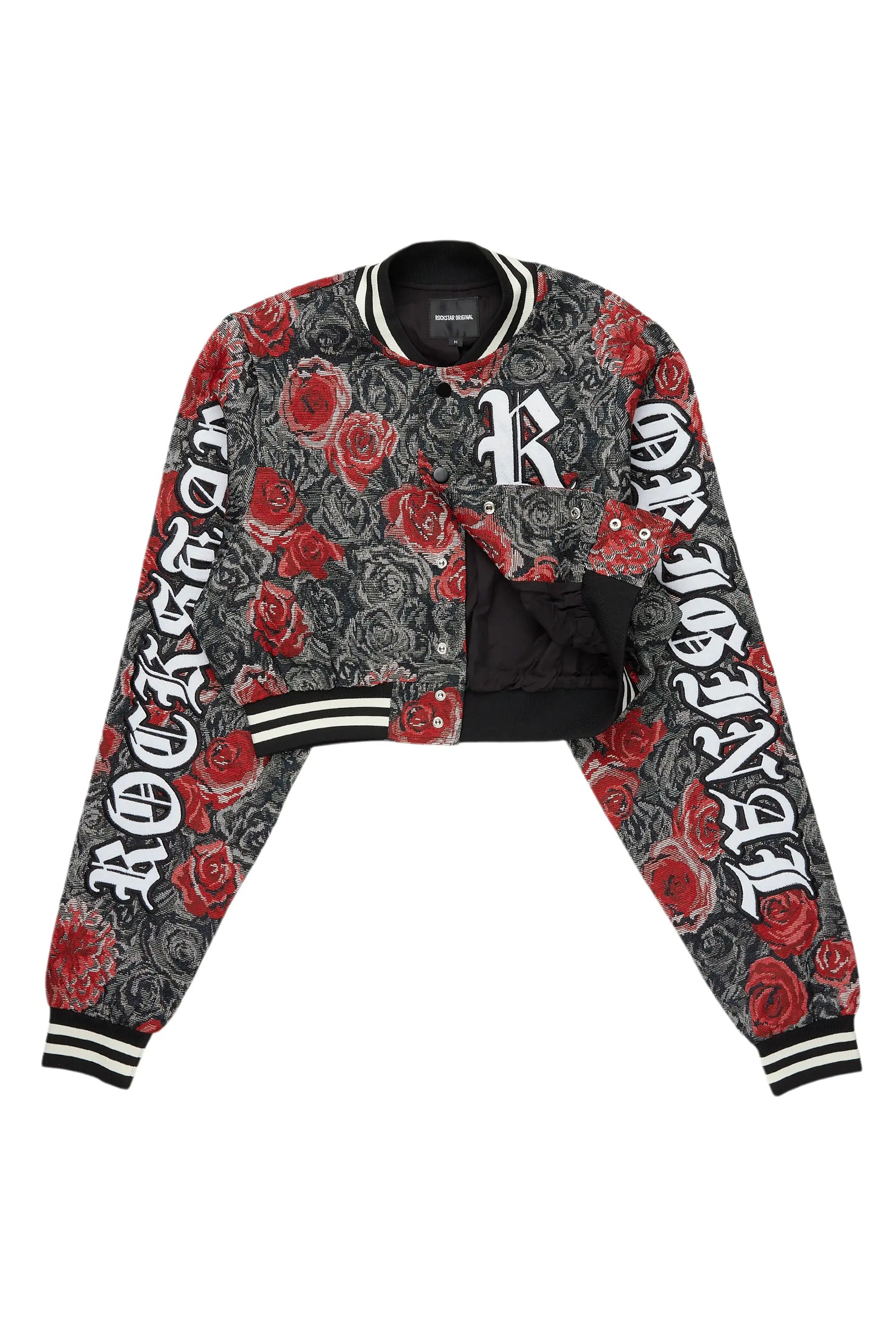 Darresha Black/Red Crop Tapestry Varsity Jacket