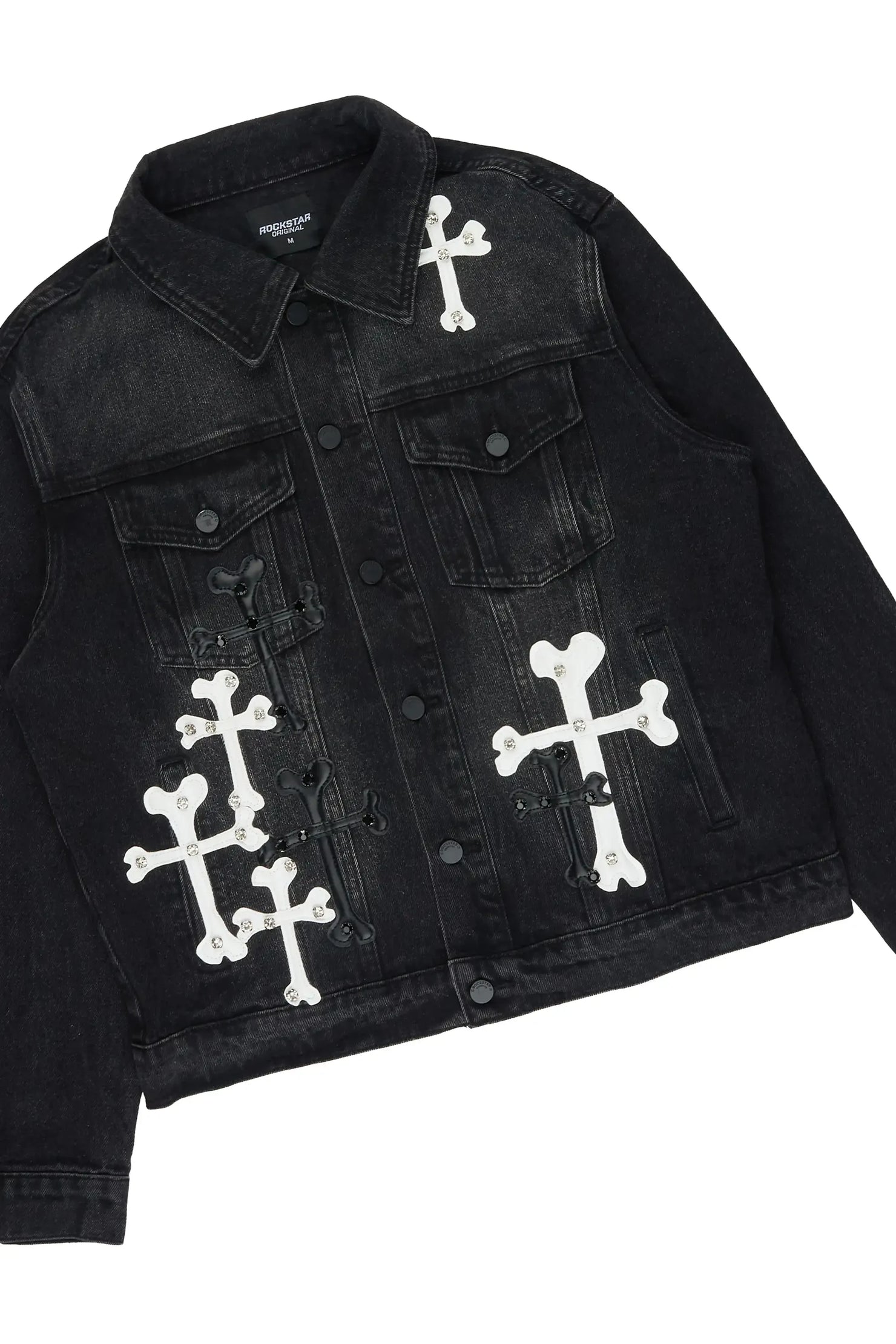 Olivier Dark Grey Patch Rhinestone Denim Jacket/Stacked Flare Jean Set