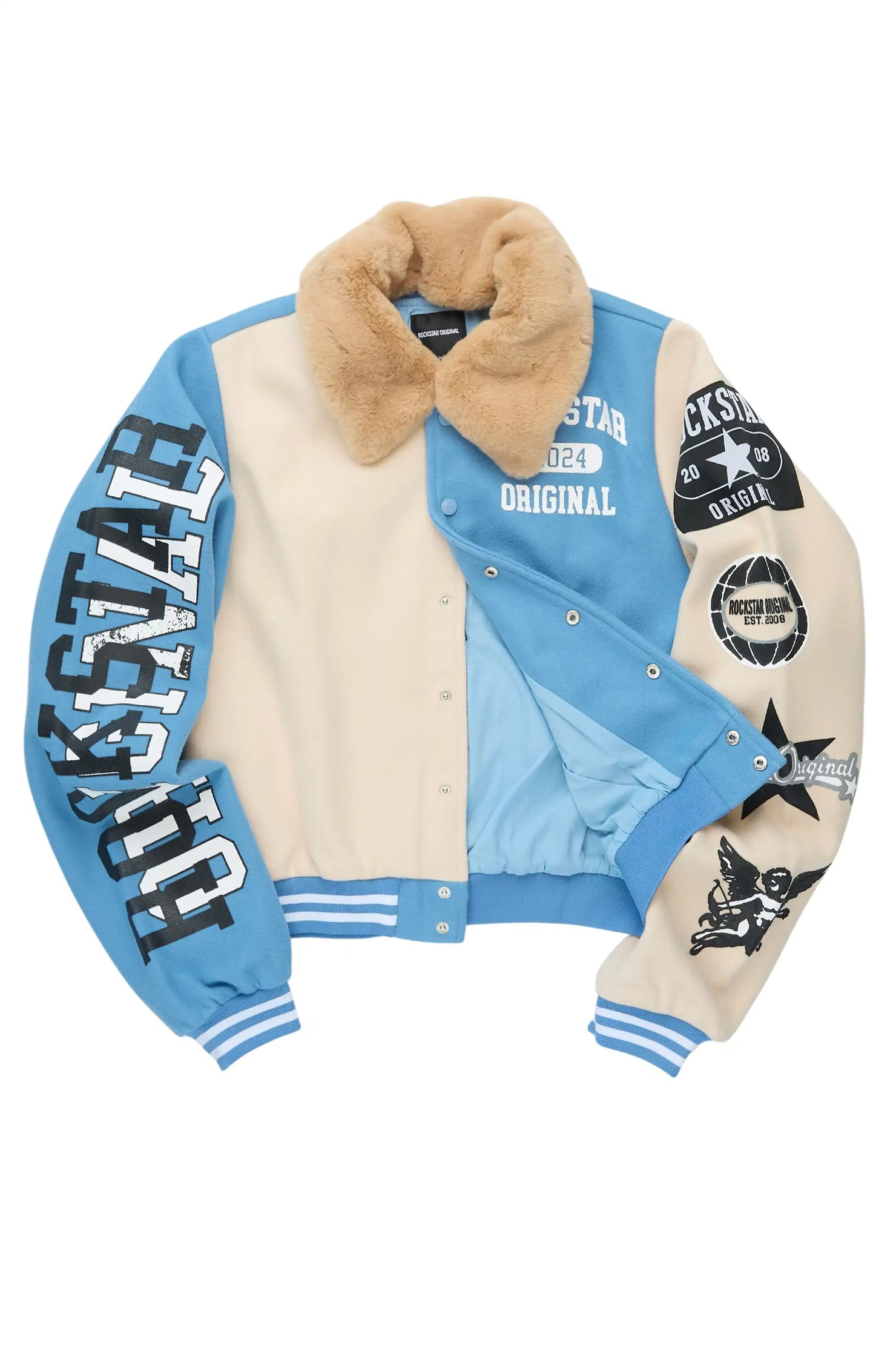 Kisha Blue/Tan Fur Collar Varsity Jacket