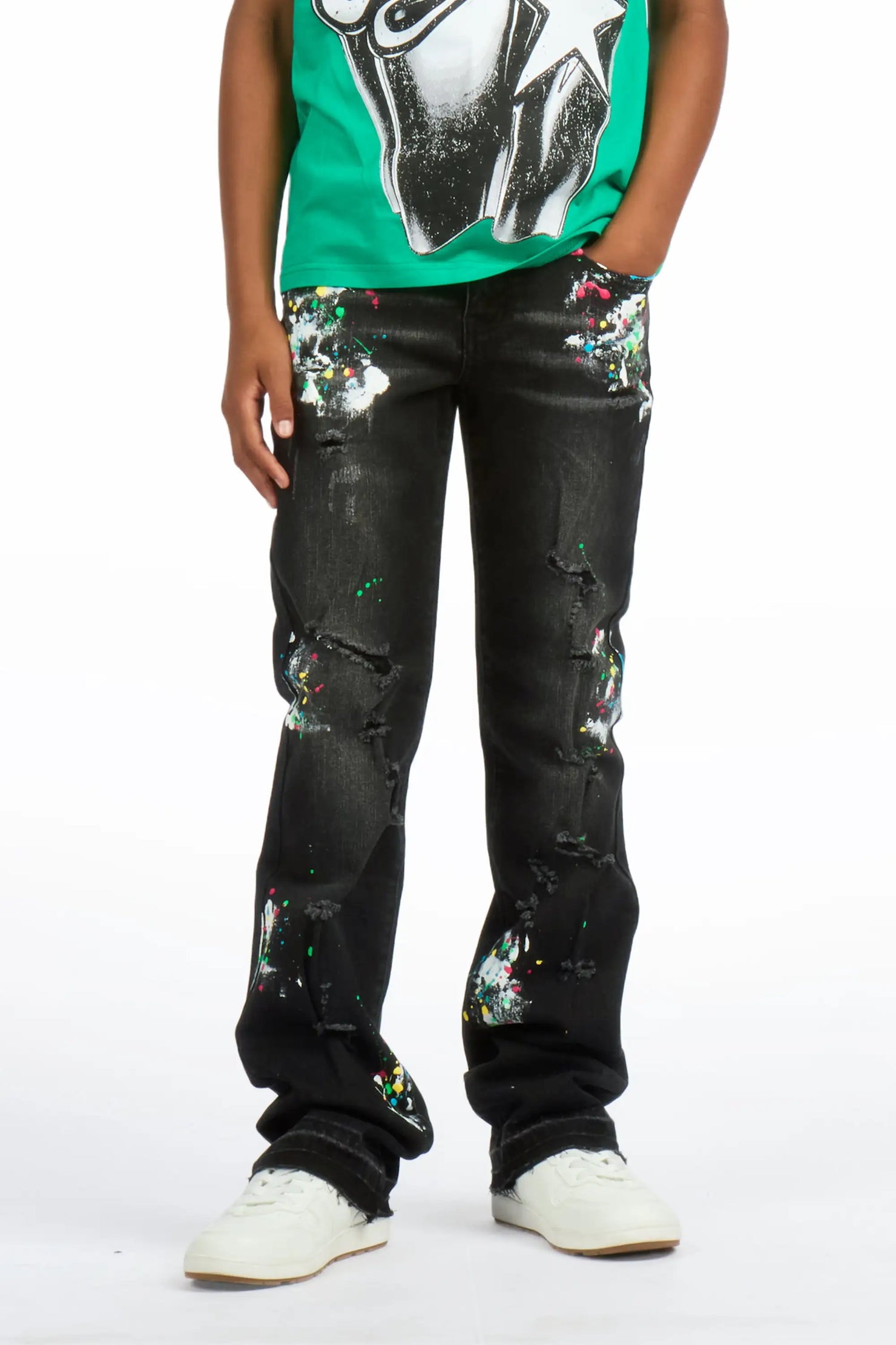 Boys Troy Black/Multi Stacked Painter Jean