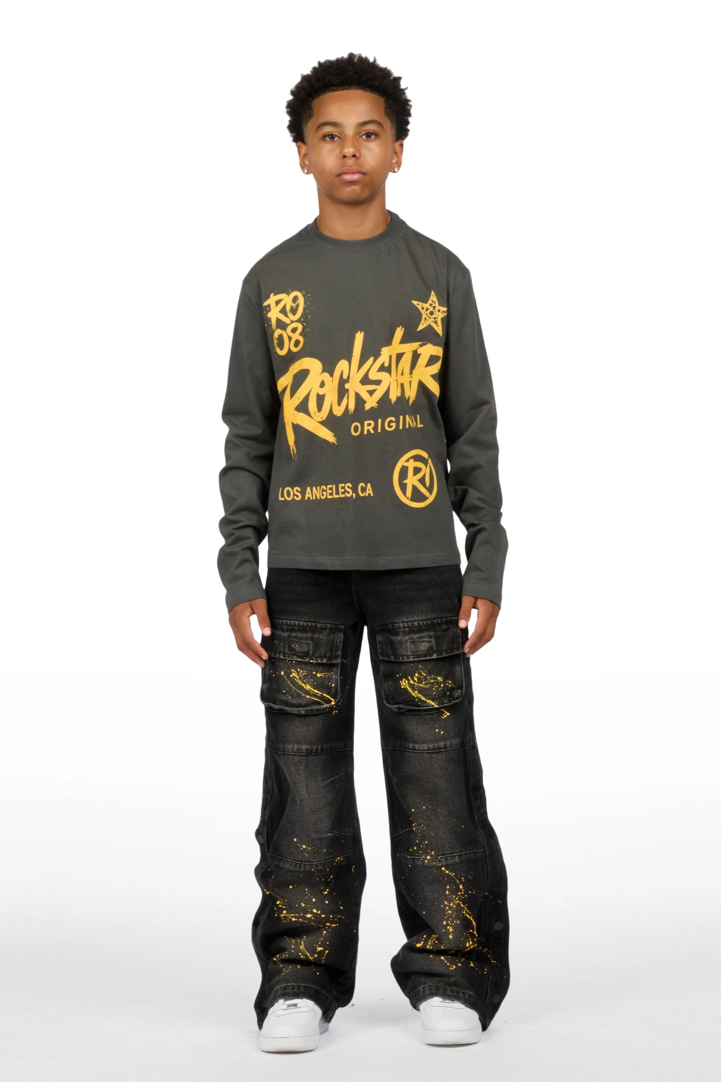 Boys Zeus Charcoal/Dark Grey Long Sleeve T-Shirt Baggy Painter Jean Set