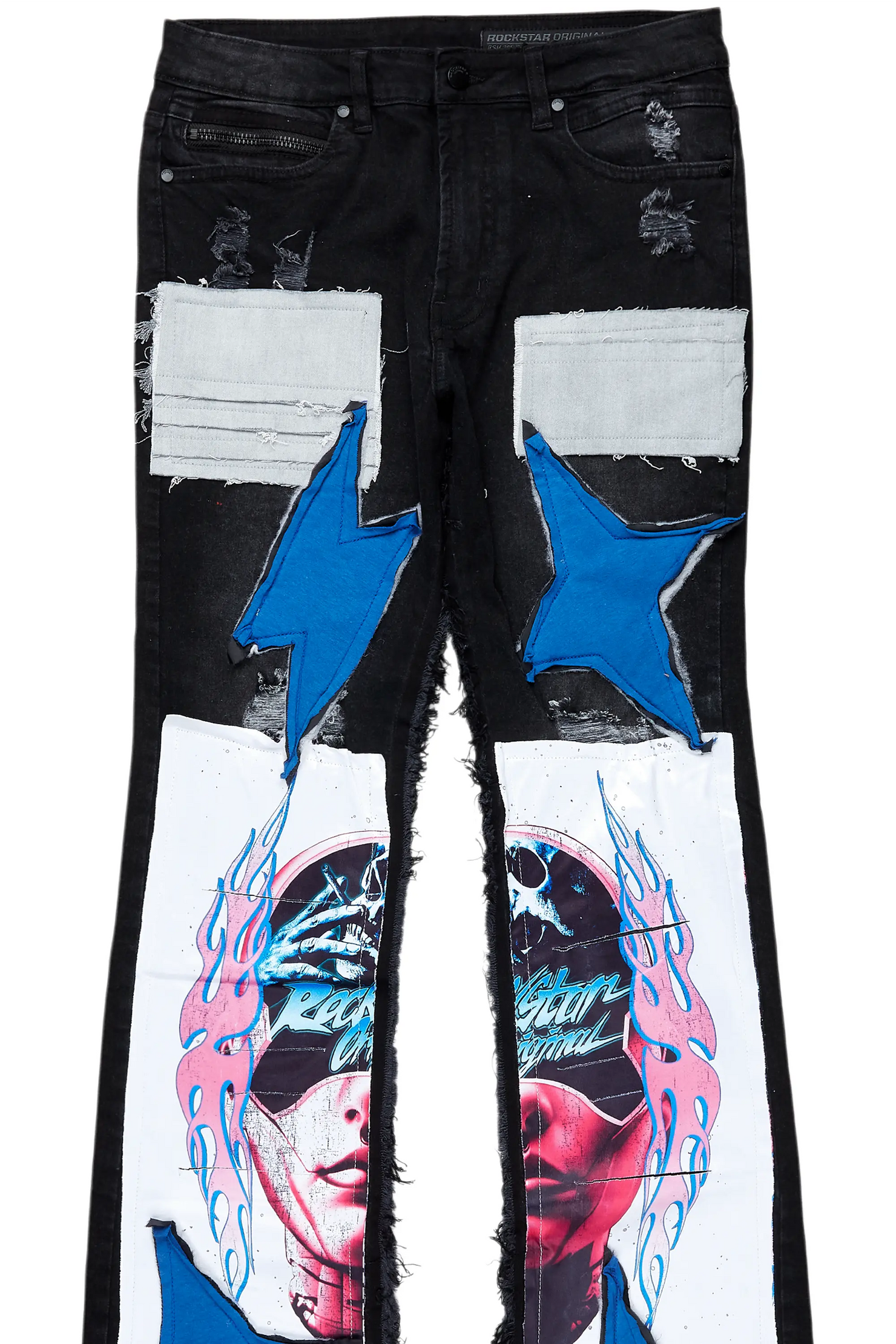 Helios Dark Grey Patchwork Stacked Flare Jean