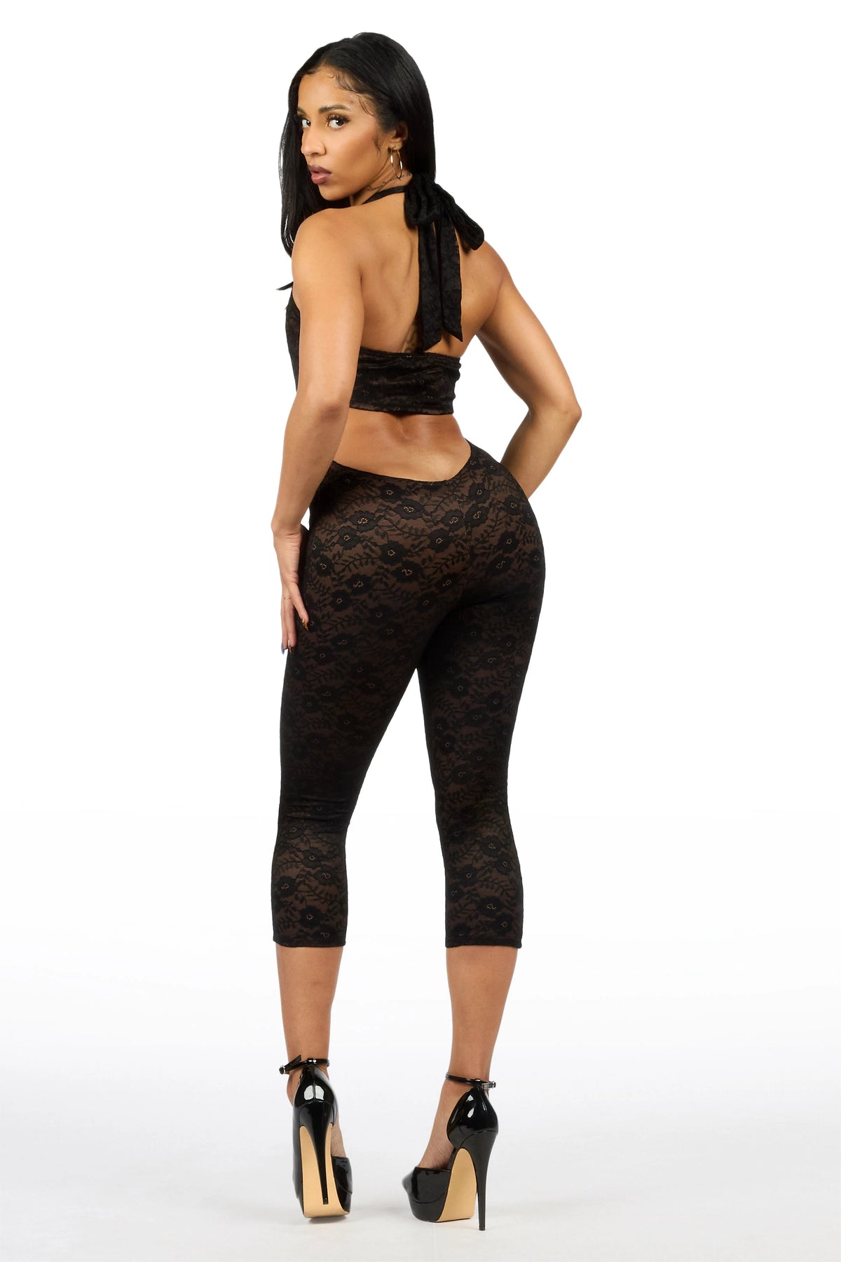 Lacey Floral Black Capri Jumpsuit