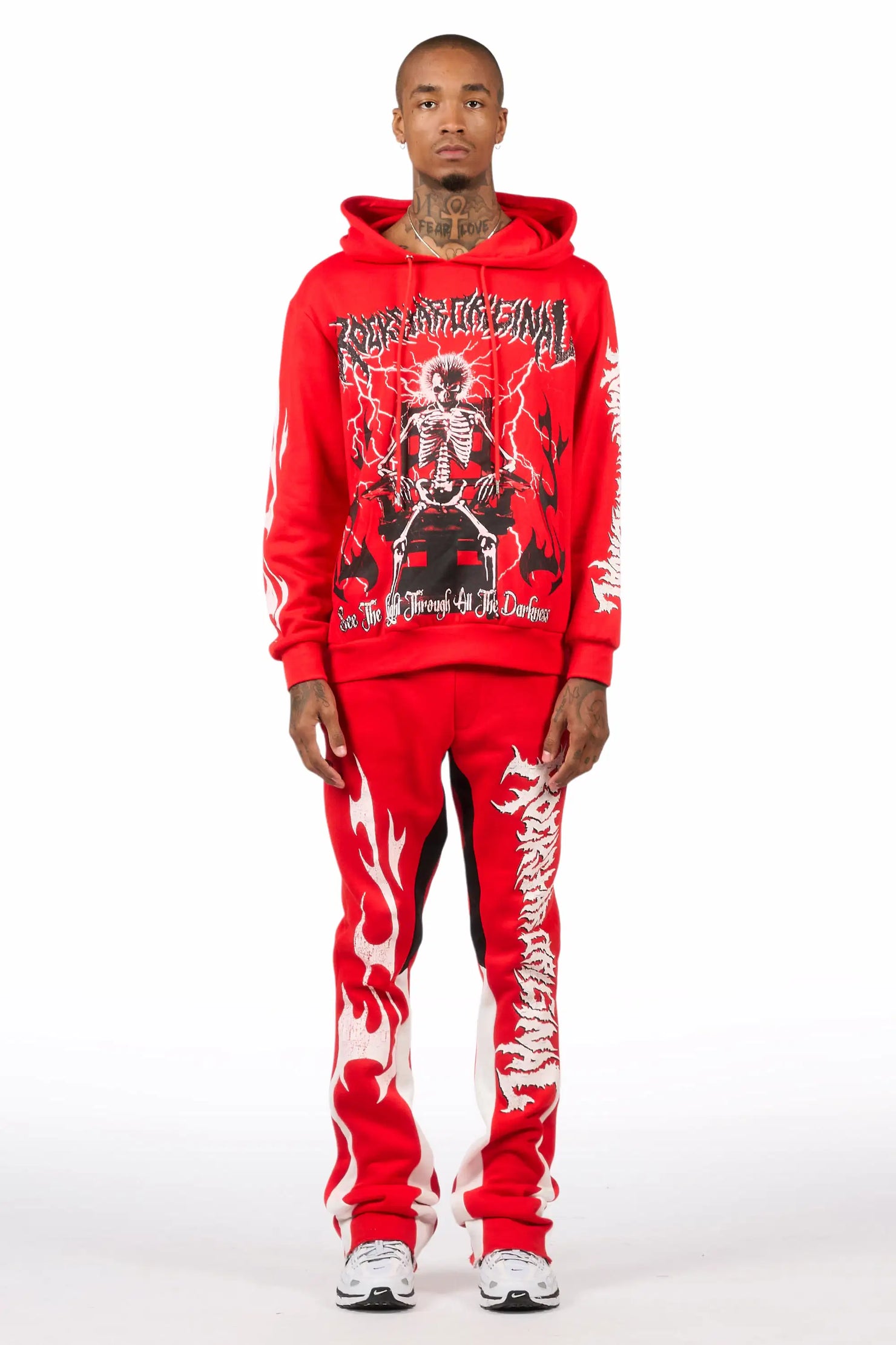 Deathrow Red/White Hoodie/Stacked Track Pant Set