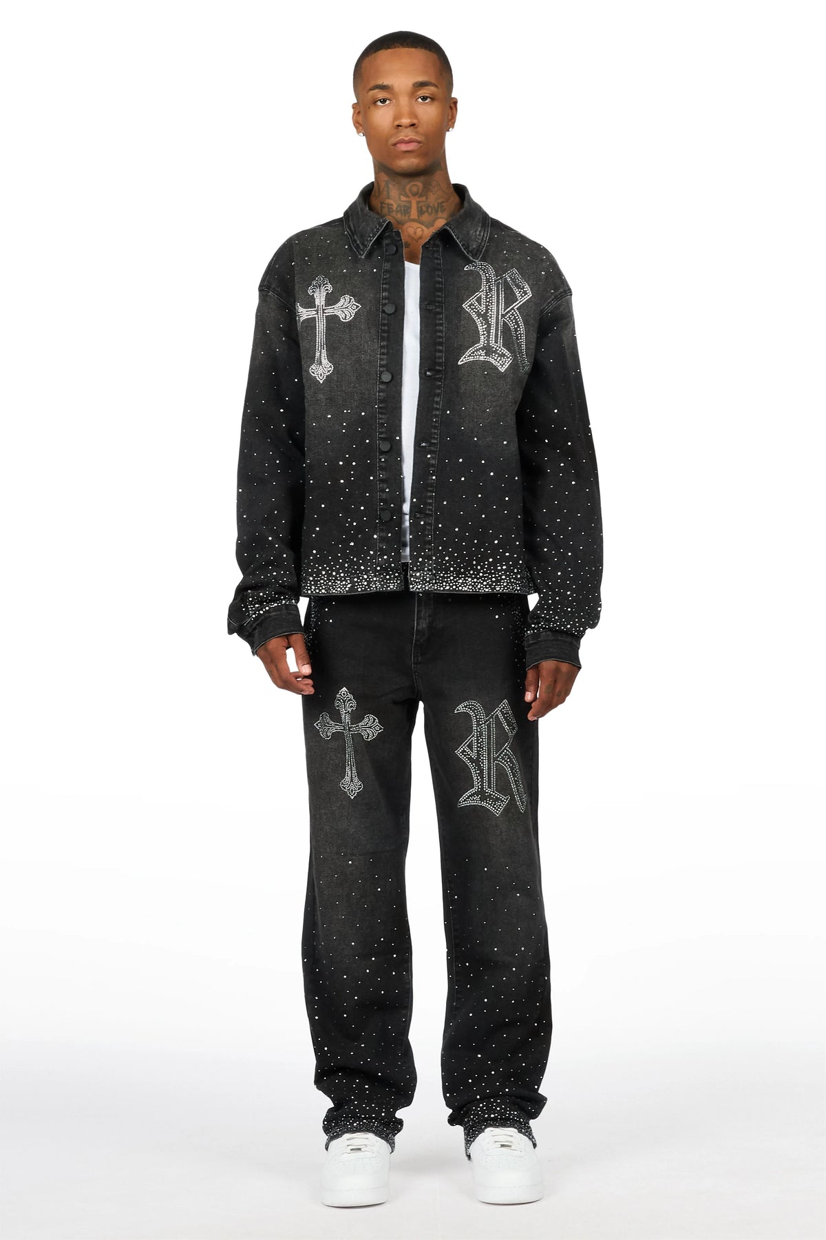 Clemente Dark Grey Rhinestone Button Down Shirt/Jean Set