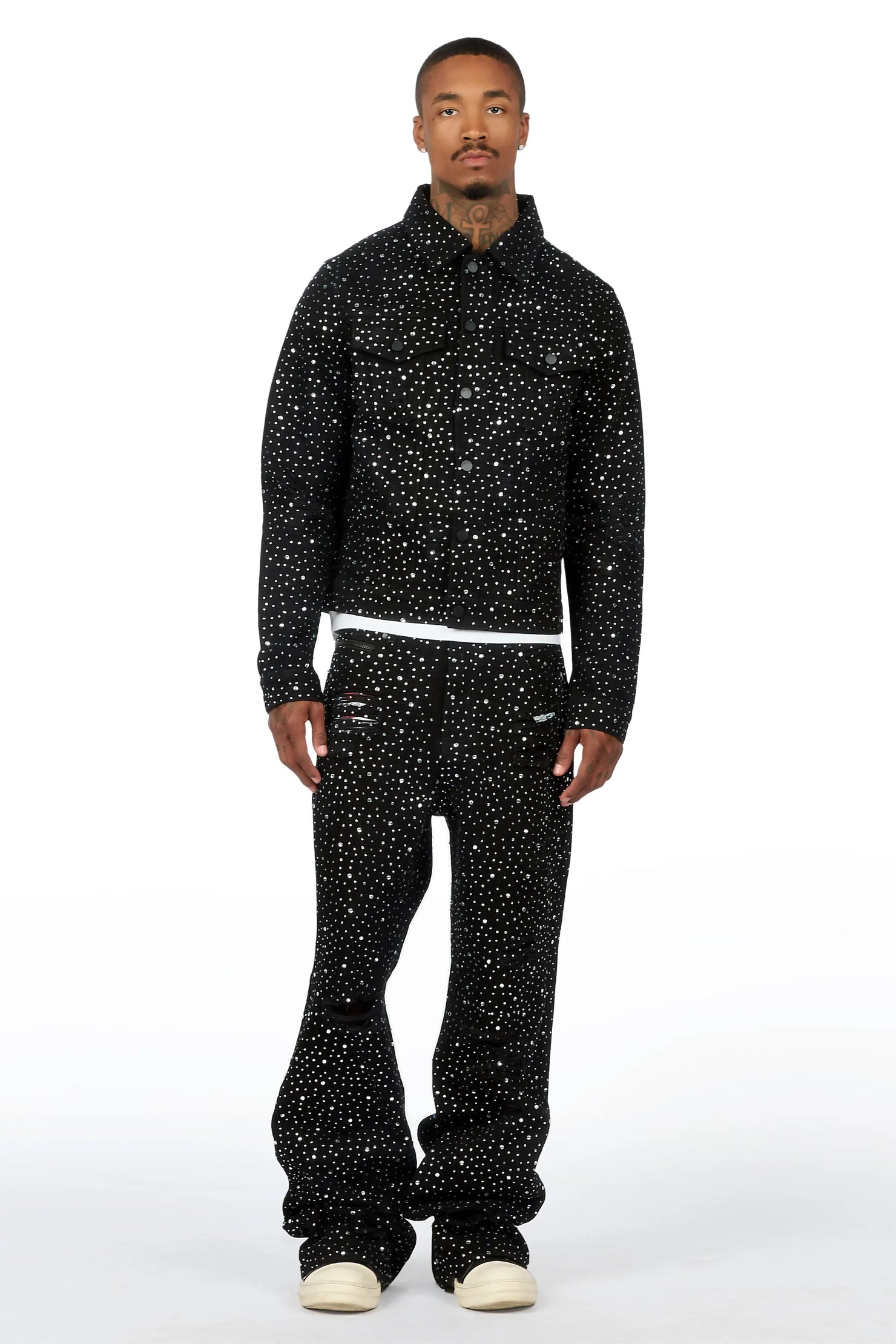 Discolite Black Rhinestone Denim Jacket/Baggy Jean Set