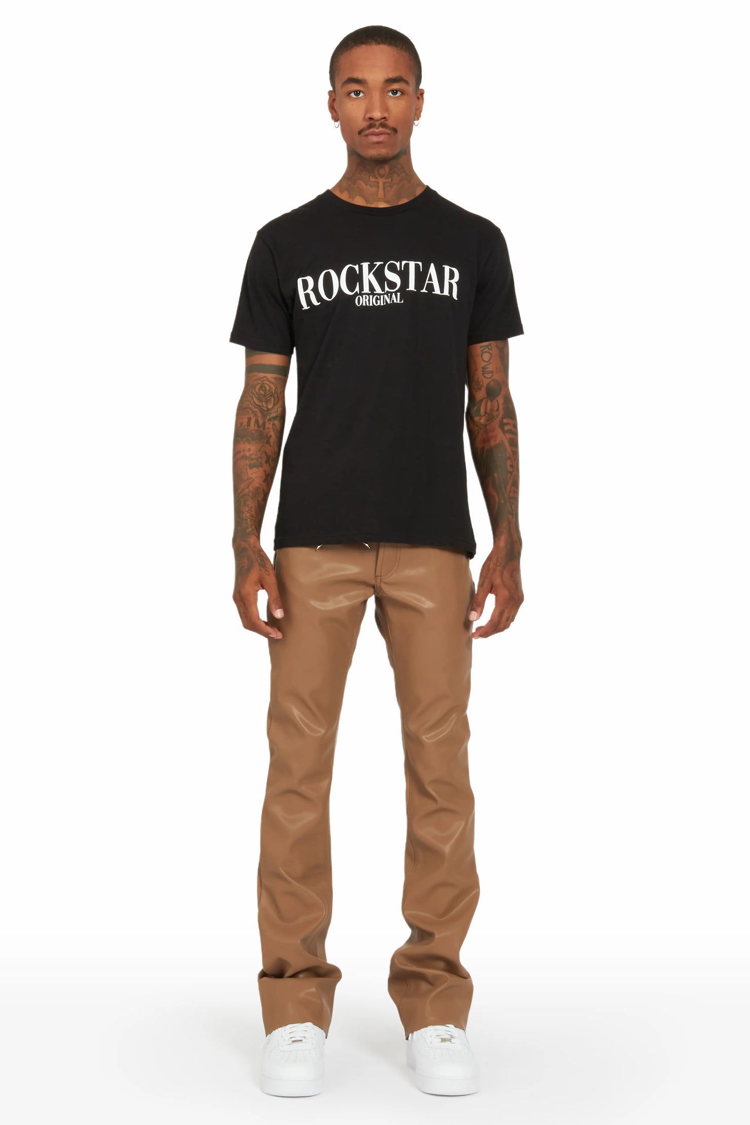 Ricky Beige Faux Leather Stacked Jean