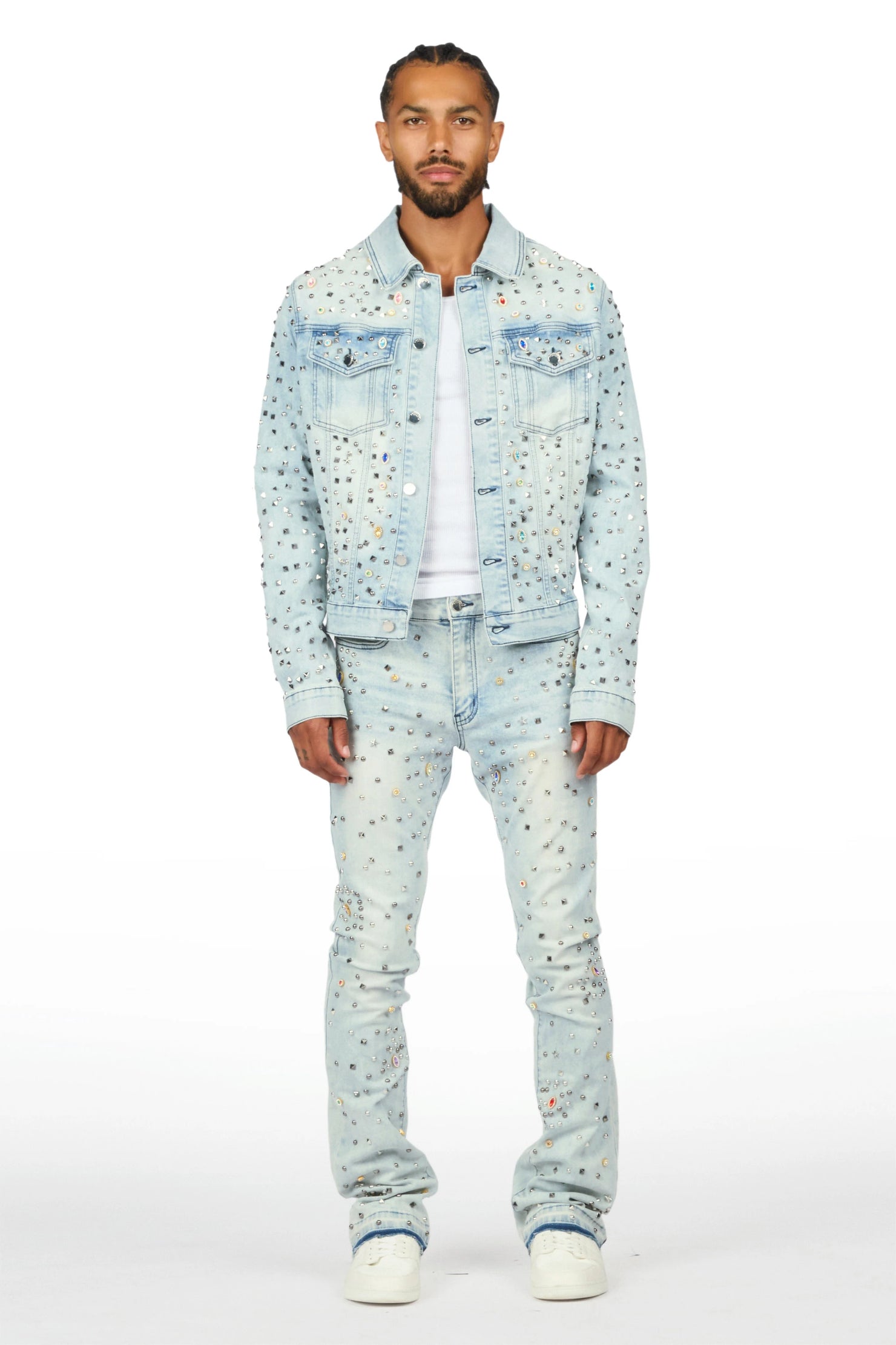 Norris Light Blue Rhinestone Denim Jacket/Stacked Flare Jean Set