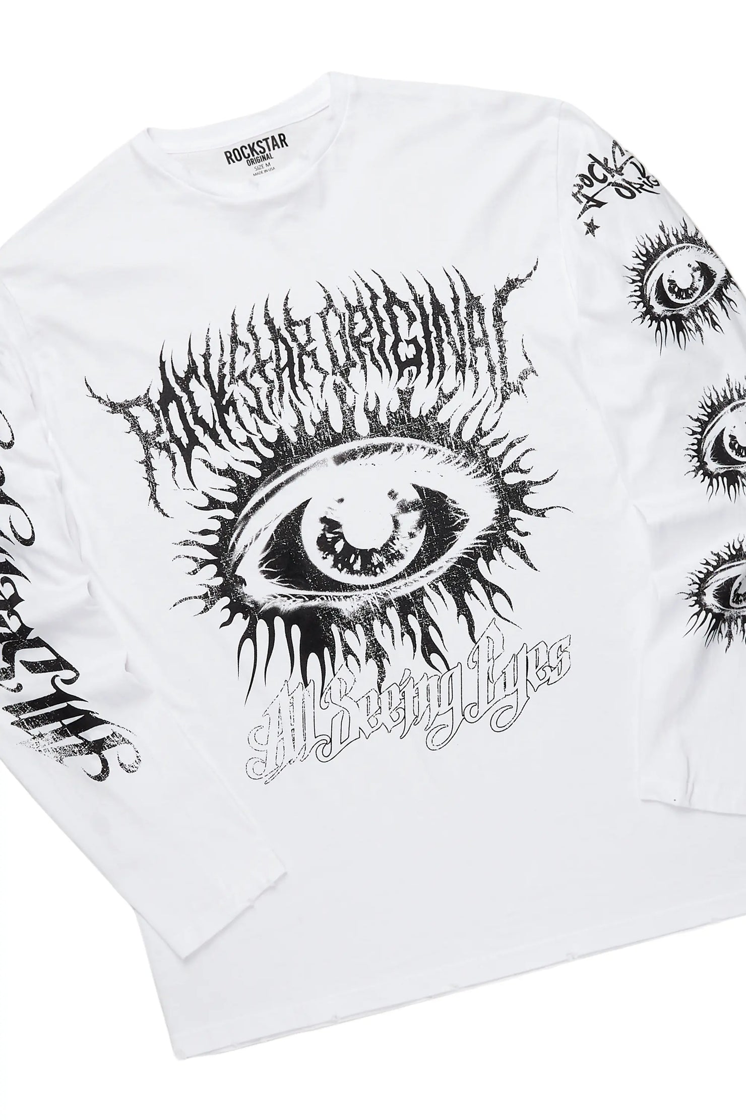 All Seeing Eyes White Long Sleeve T-Shirt & Merrik Stacked Flare Jean Bundle