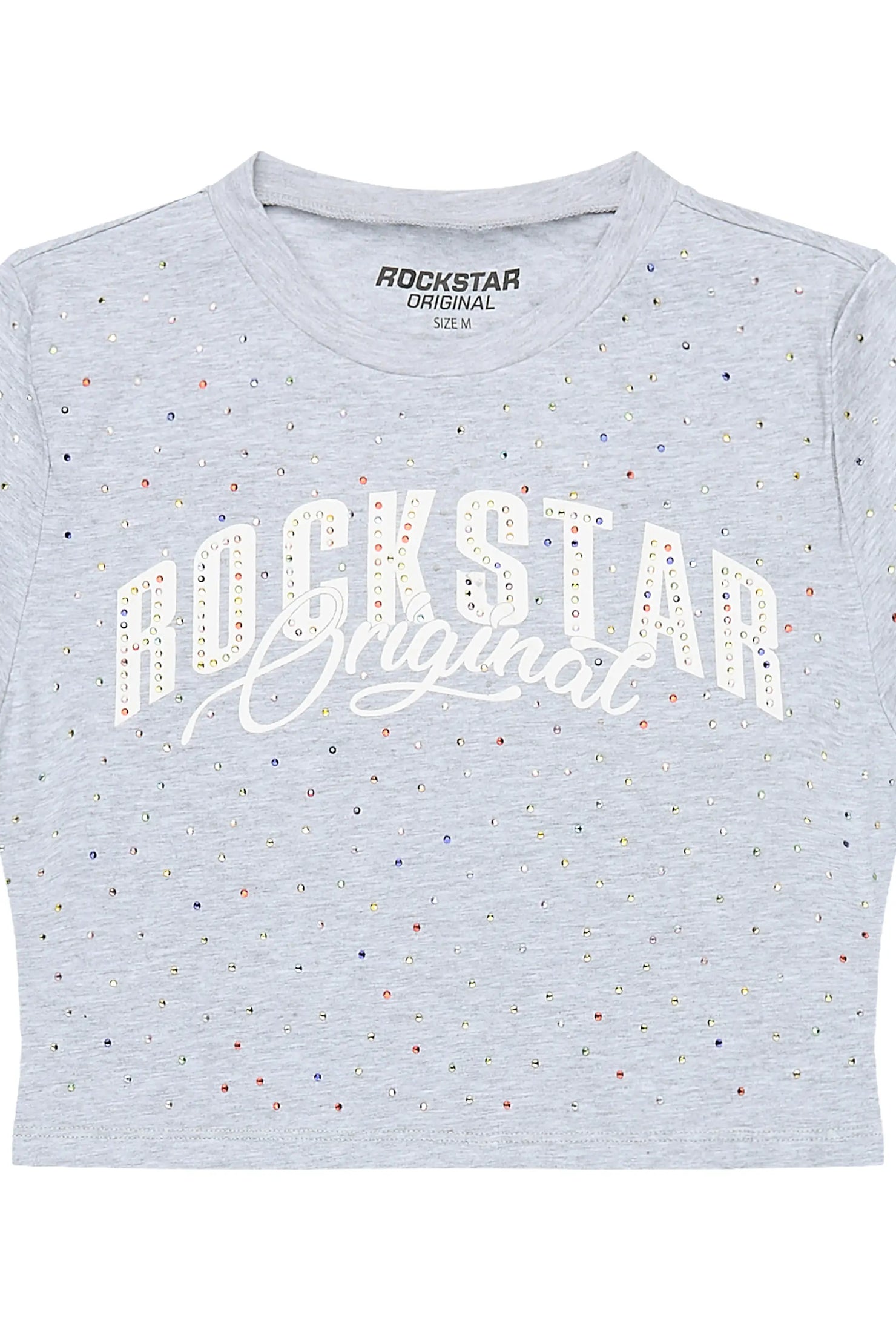 Franchesca Heather Grey Rhinestone Crop Baby Tee Shirt