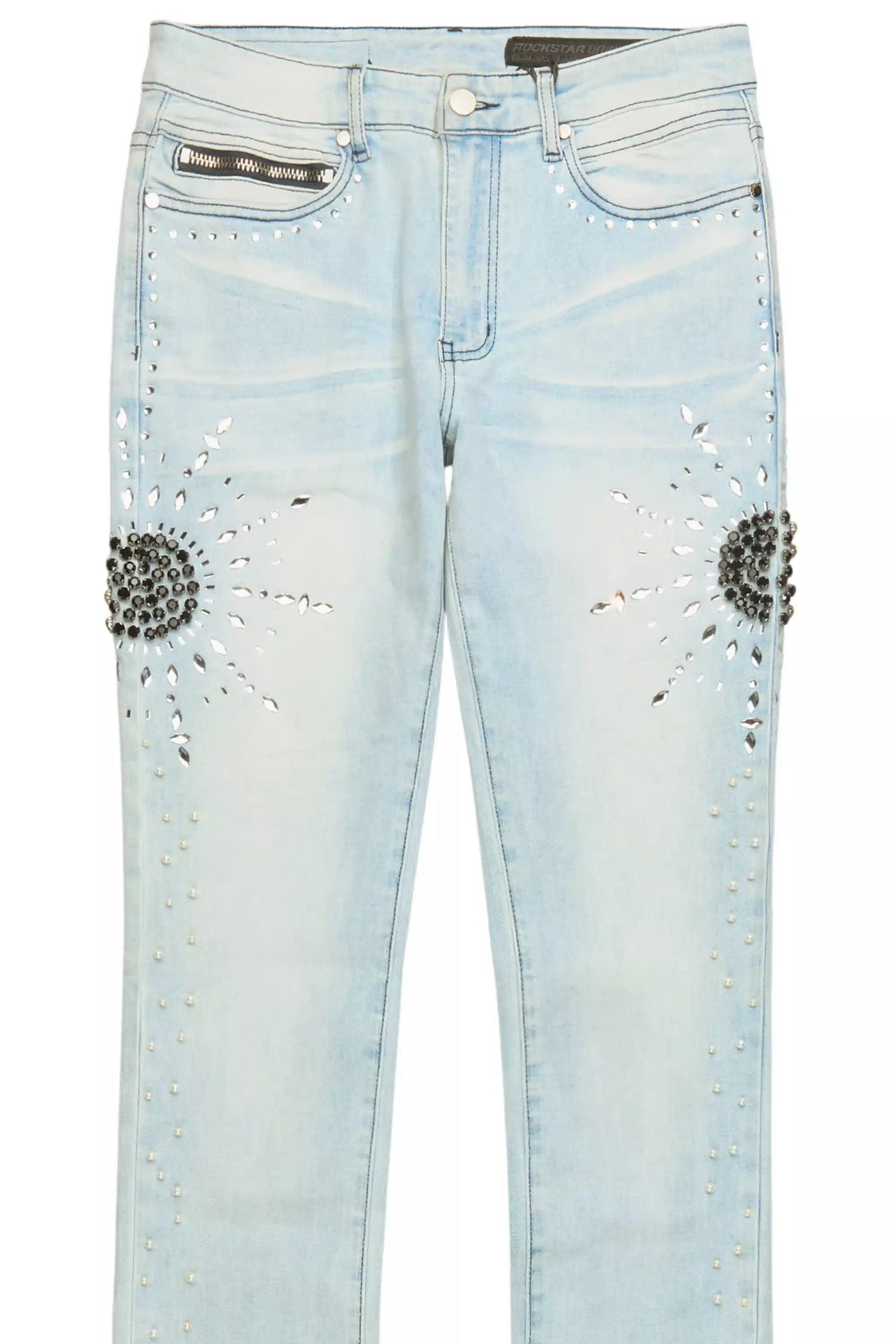 Tryst Light Blue Rhinestone Stacked Flare Jean