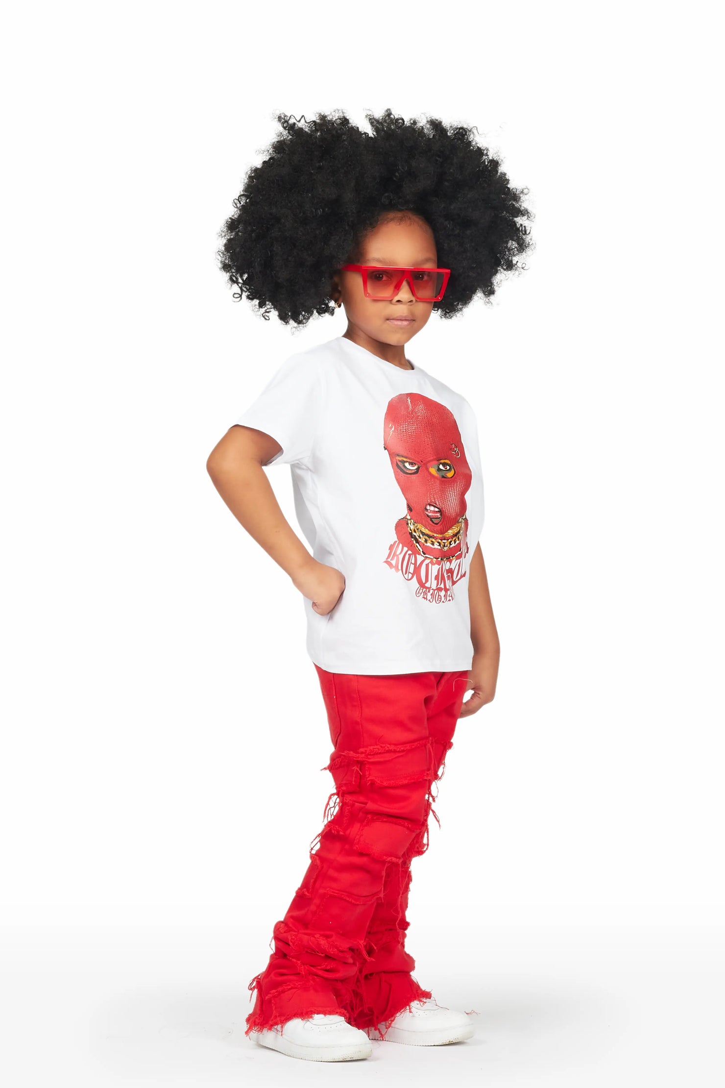 Girls Isabella White/Red T-Shirt/Stacked Flare Jean Set