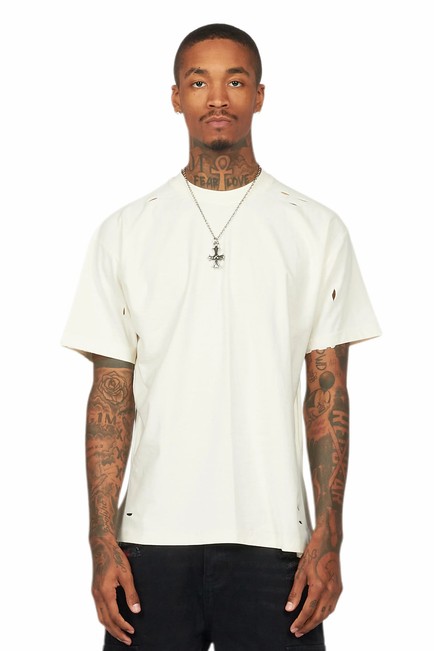 Basic Rockstar Vintage Sand Oversized Distressed Plain T-Shirt