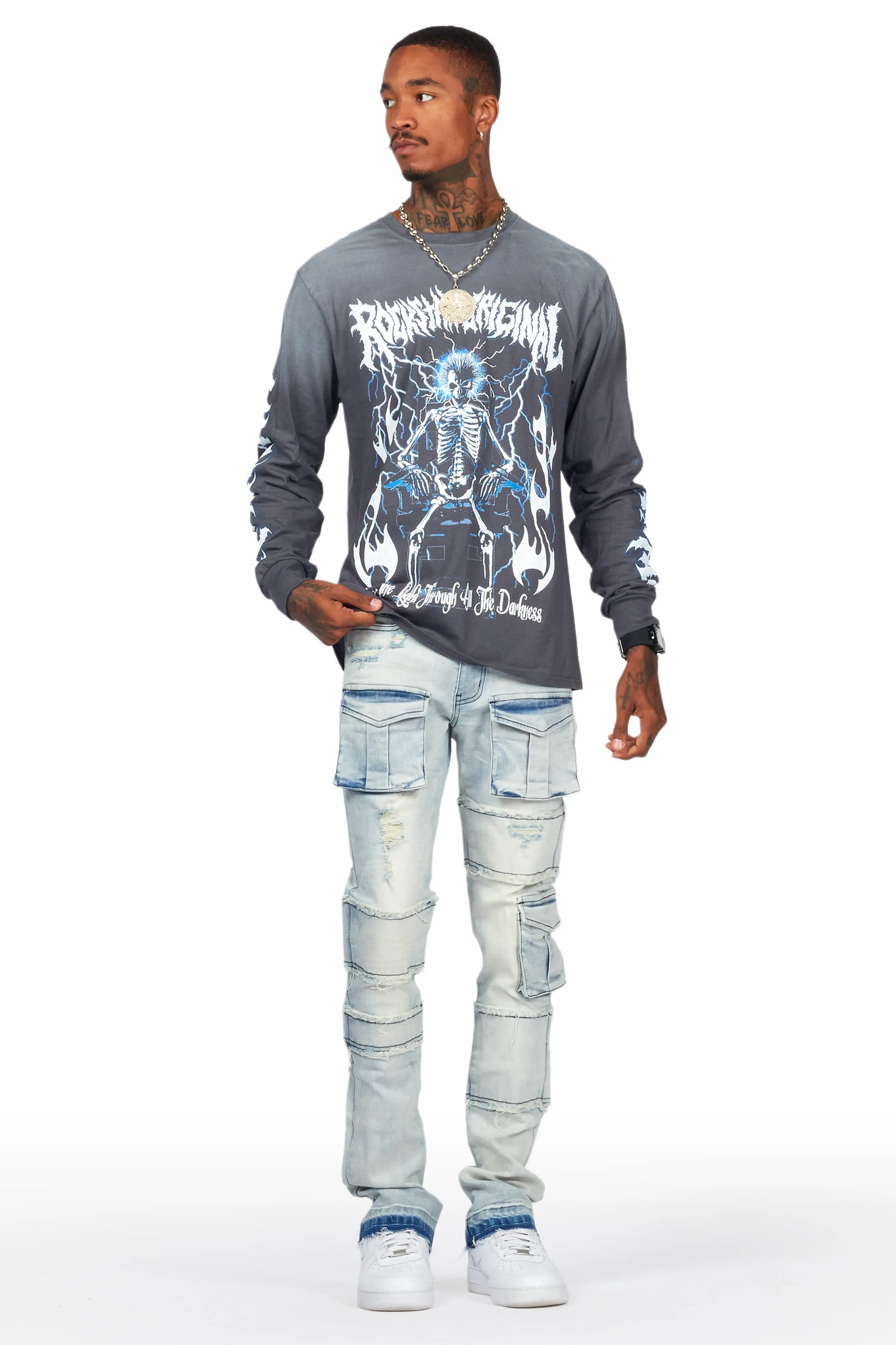 Folant Light Blue Stacked Cargo Flare Jean