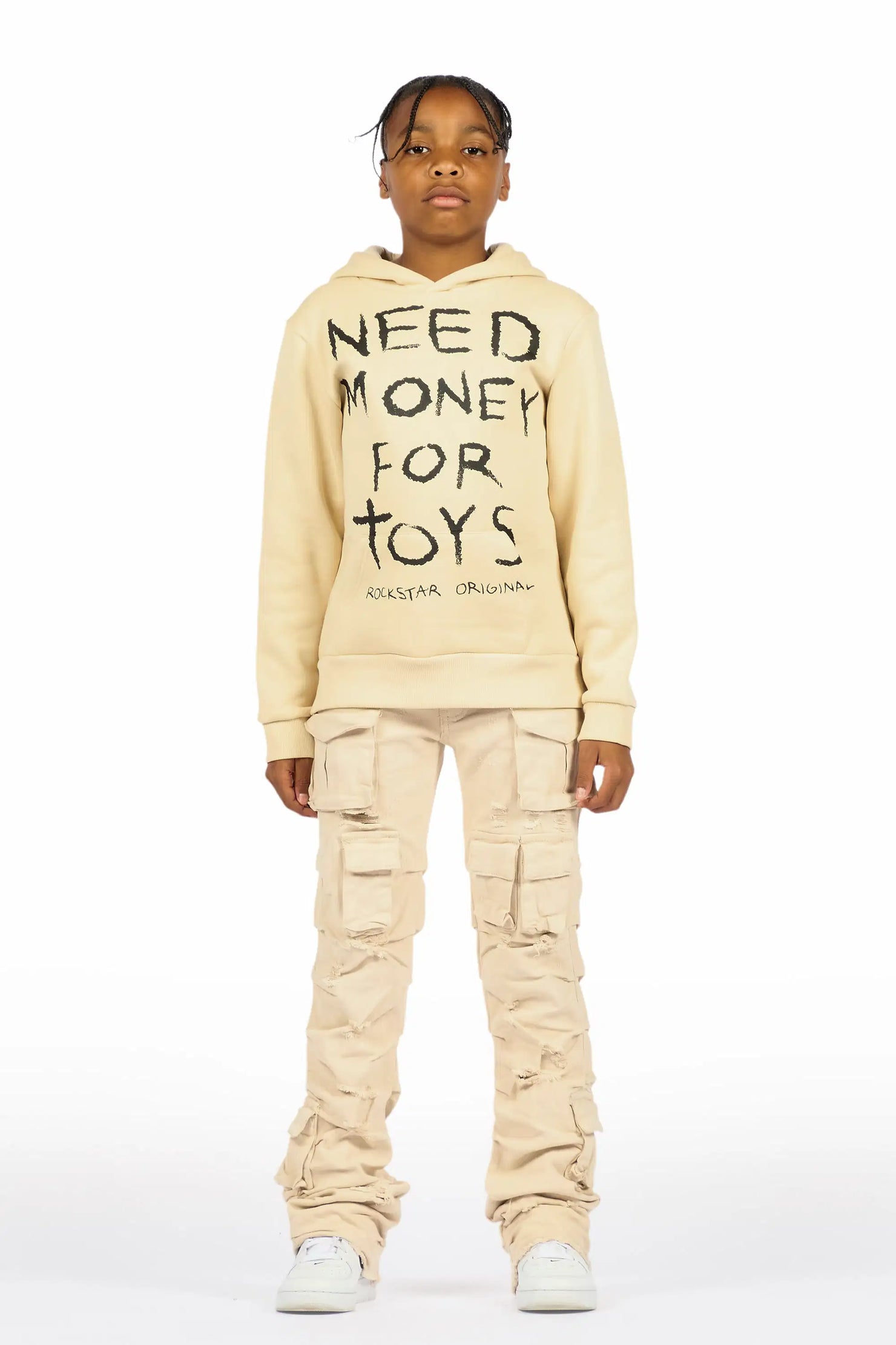 Boys M4 Toys Beige Hoodie/Stacked Jean Set