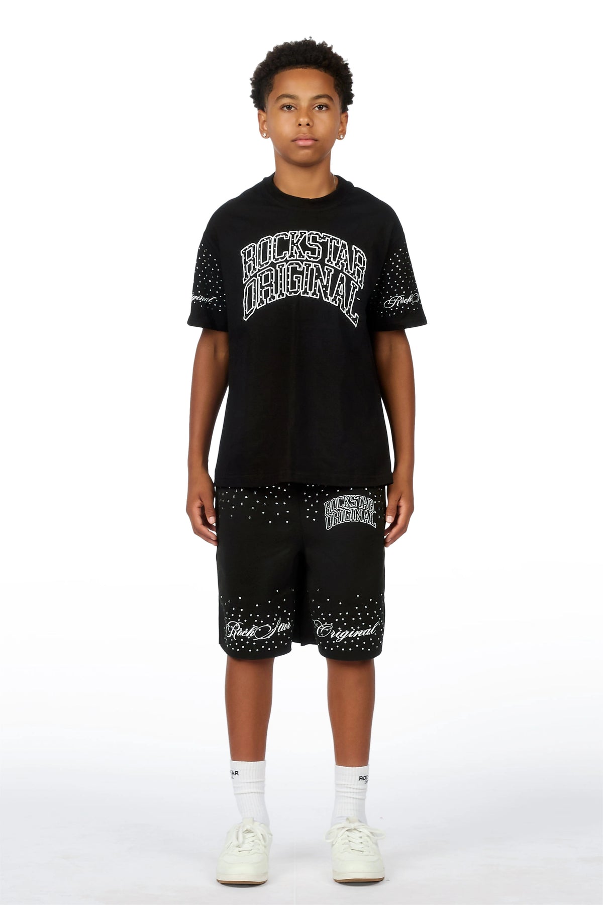 Boys Dripped Black Rhinestone Oversized T-Shirt/Short Set