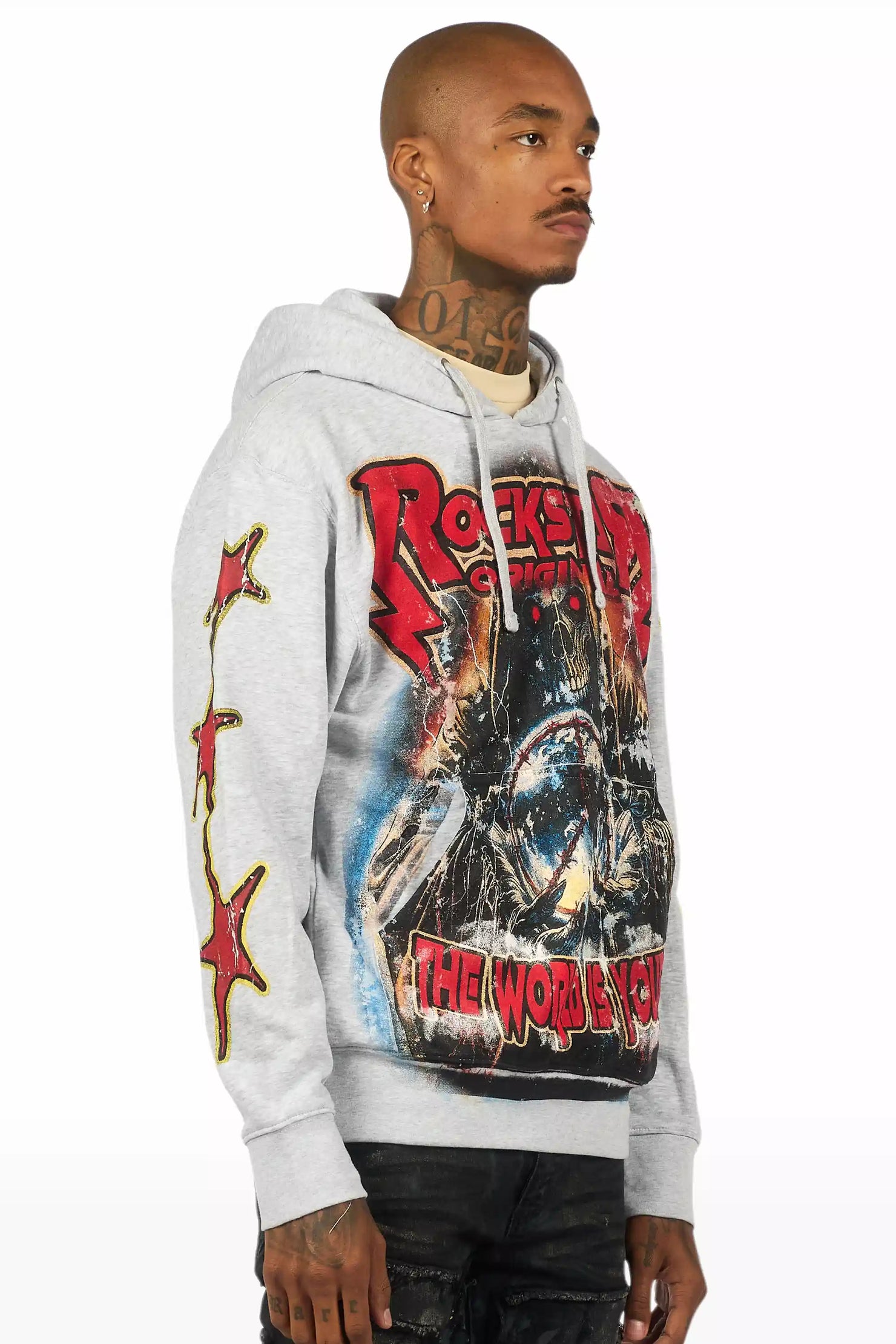 Lucian Heather Grey/Red Graphic Hoodie