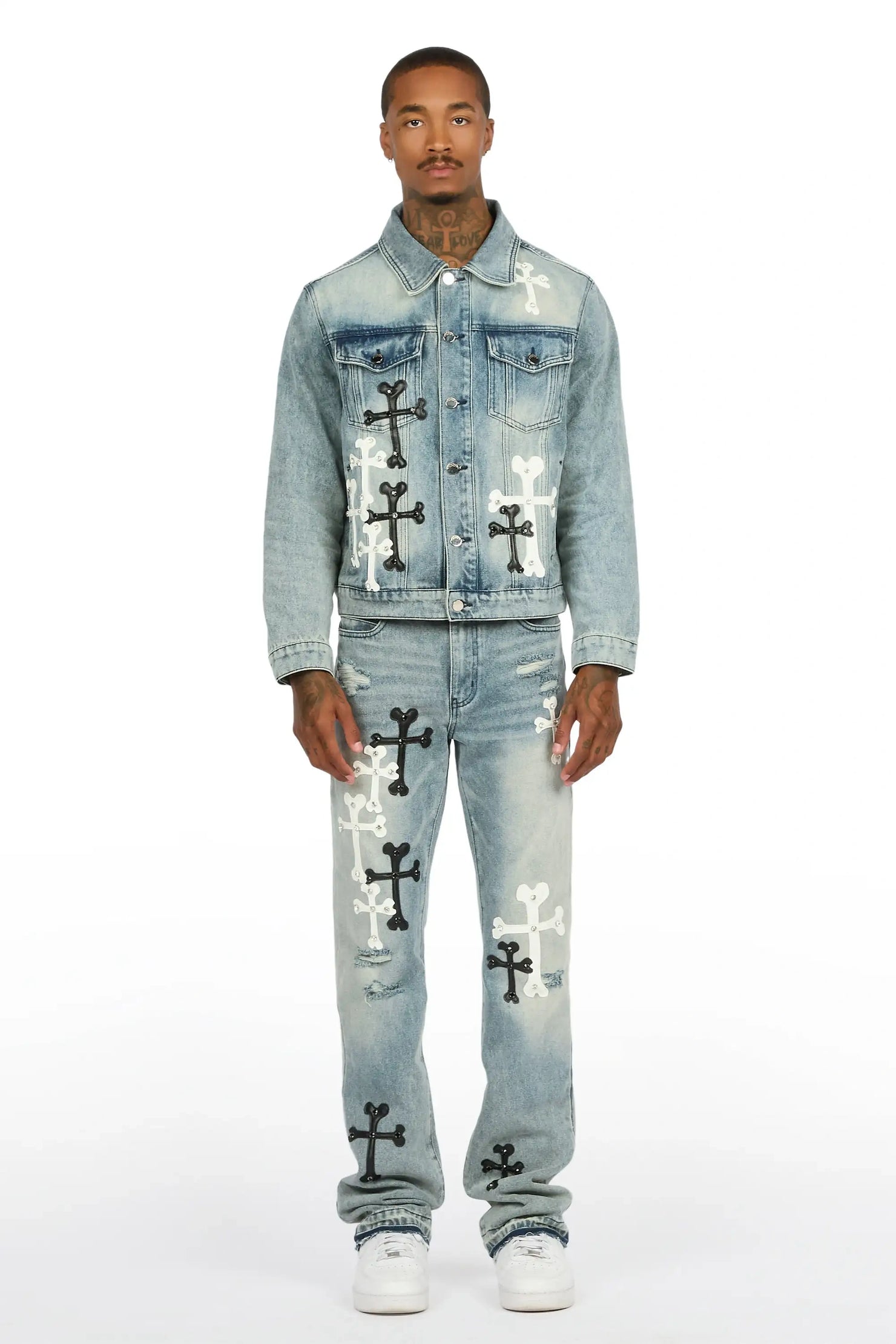 Olivier Medium Blue Patch Rhinestone Denim Jacket/Stacked Flare Jean Set