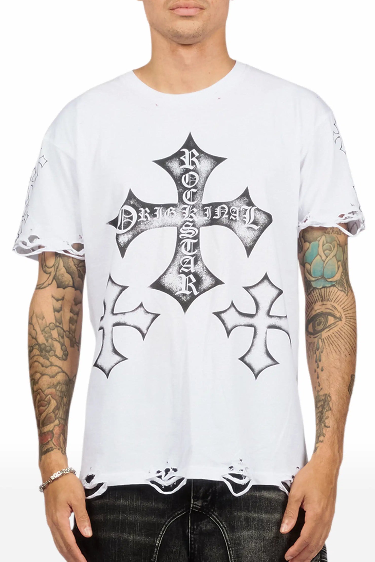 Marizon White/Black Oversized Distressed Graphic T-Shirt