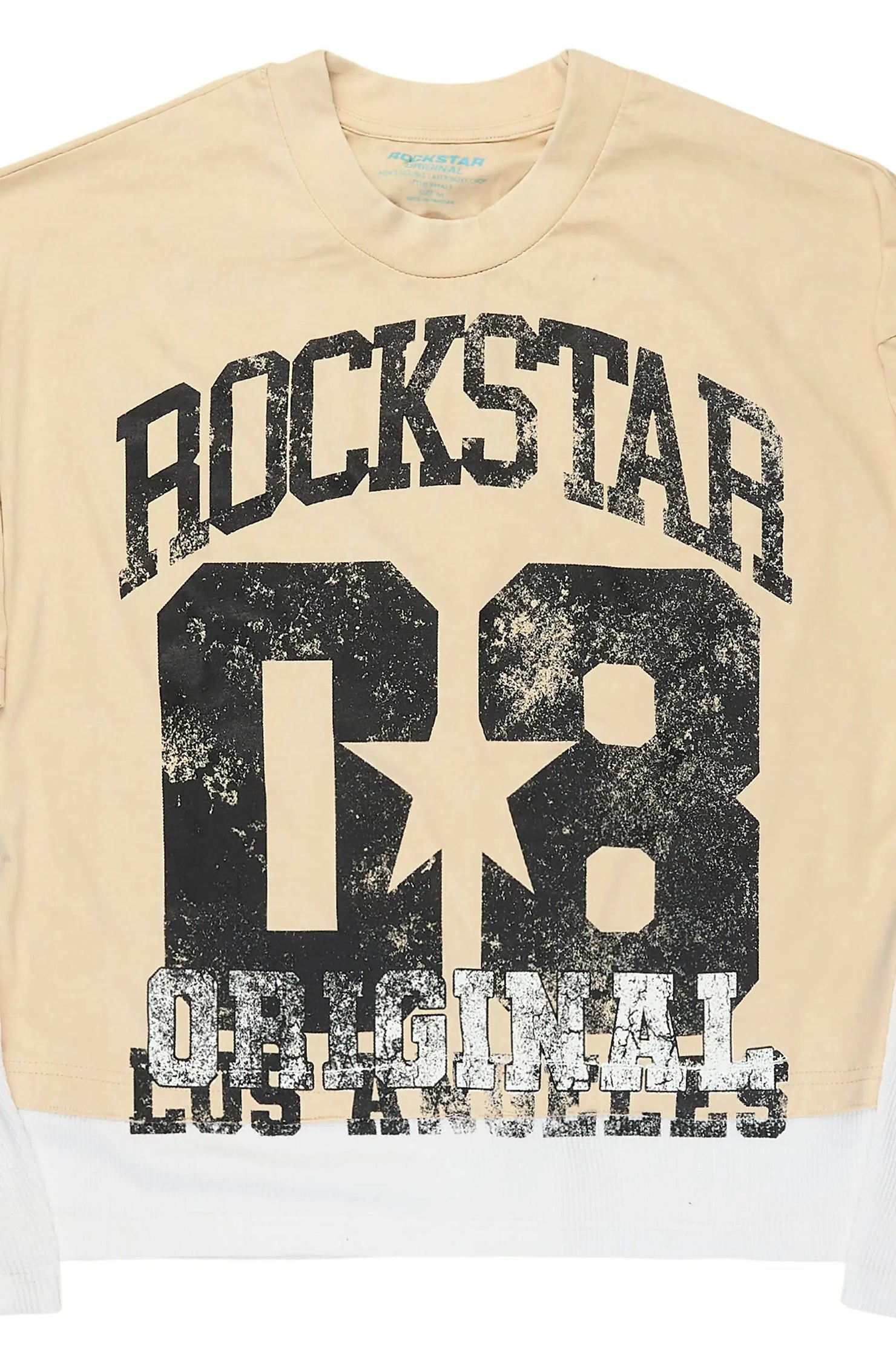 Flamur Beige/Black Double Layer Long Sleeve Graphic T-Shirt