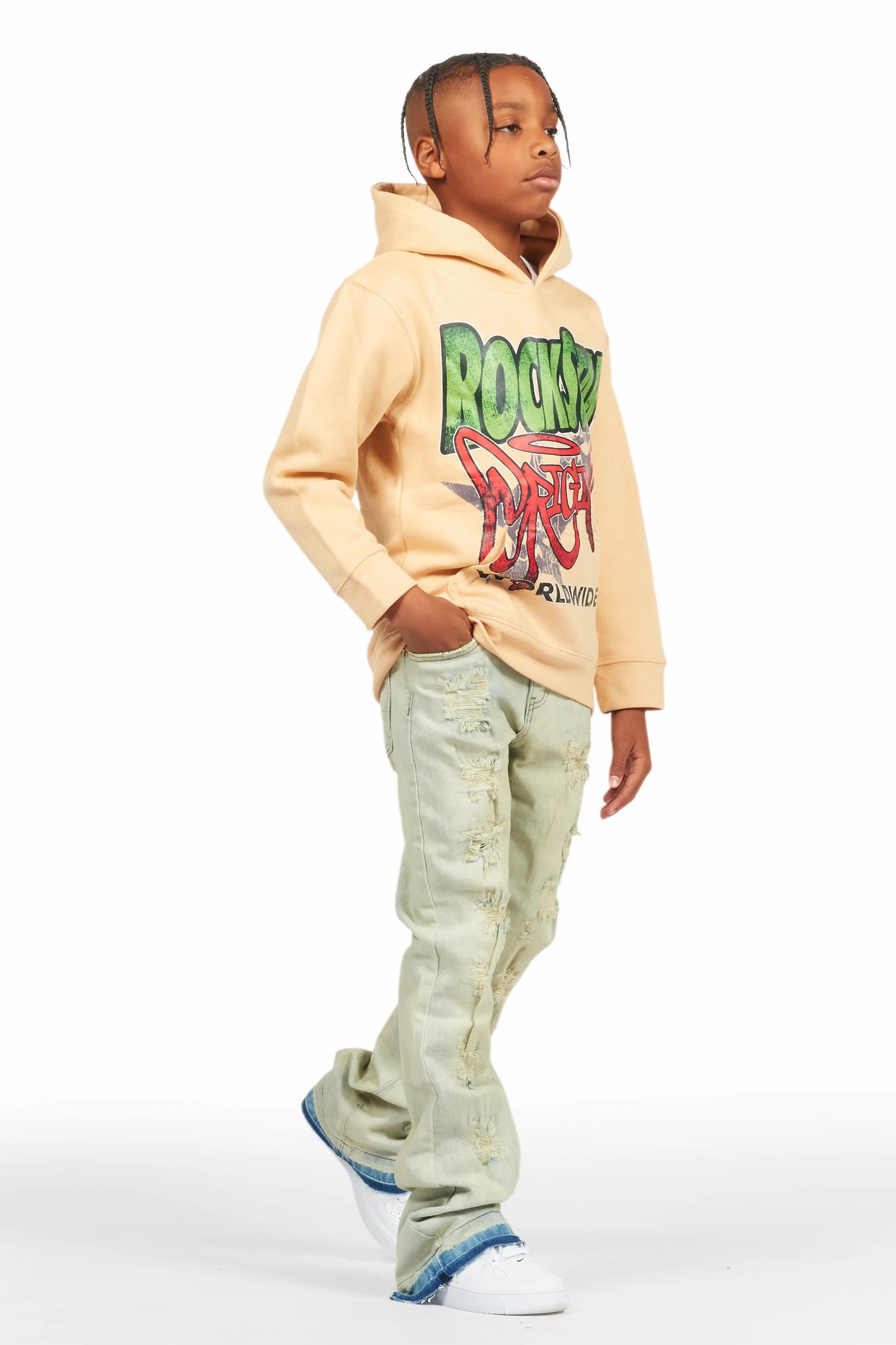 Boys Kait Beige Hoodie/Stacked Flare Jean Set