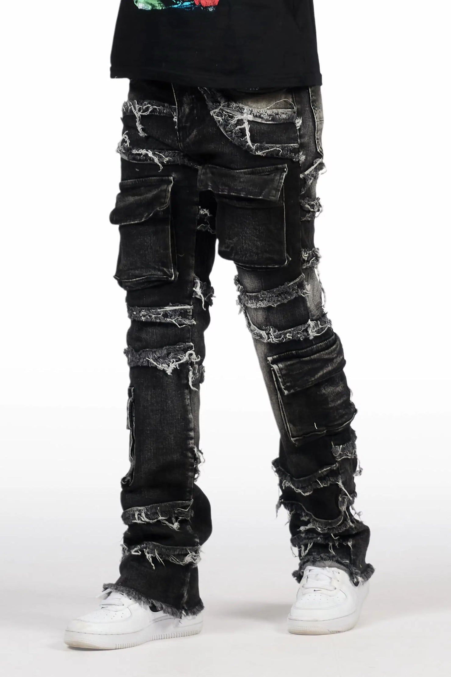 Boys Yves Jet Black Stacked Flare Cargo Jean