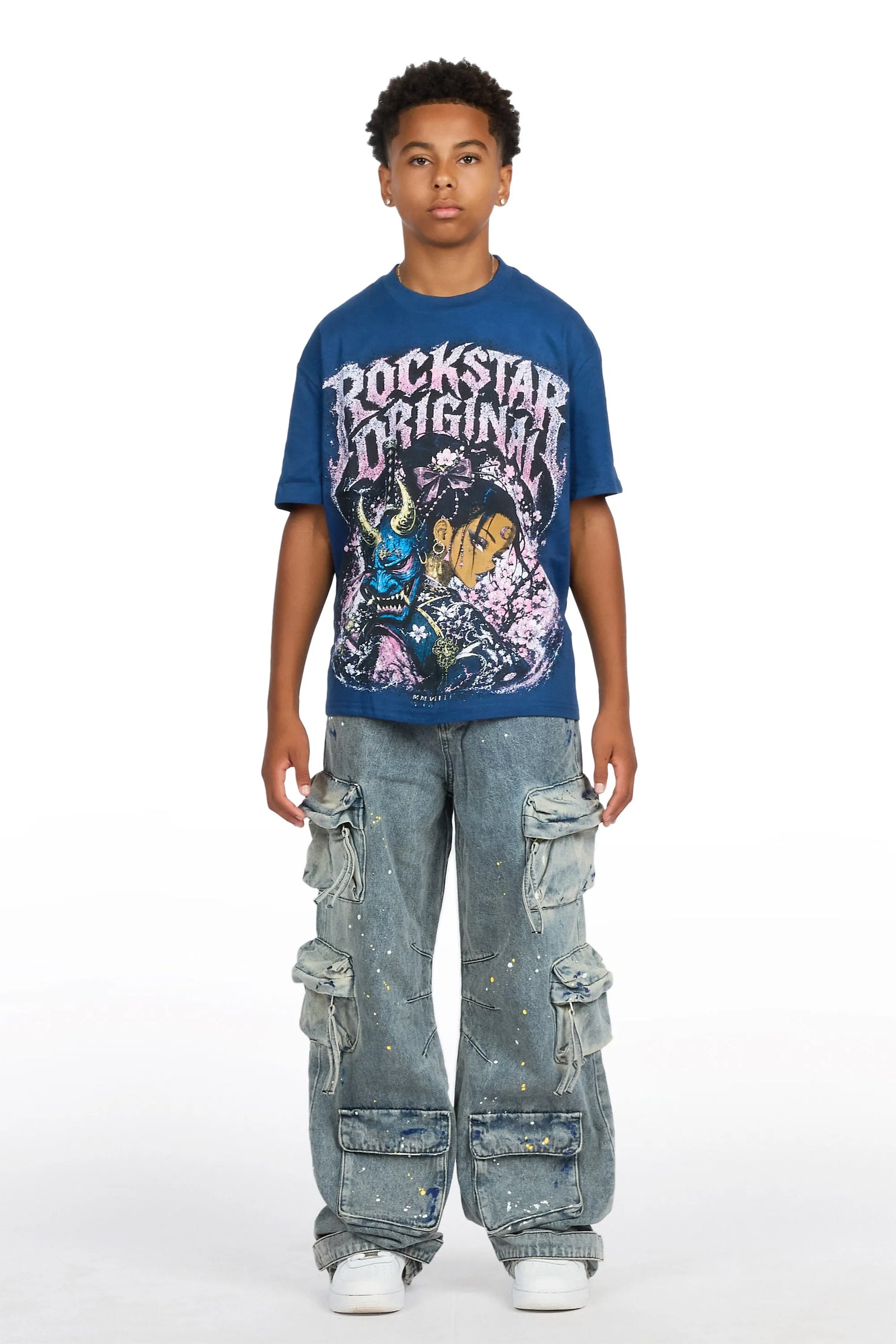 Boys Kavero Navy/Blue T-Shirt Painter Baggy Jean Set